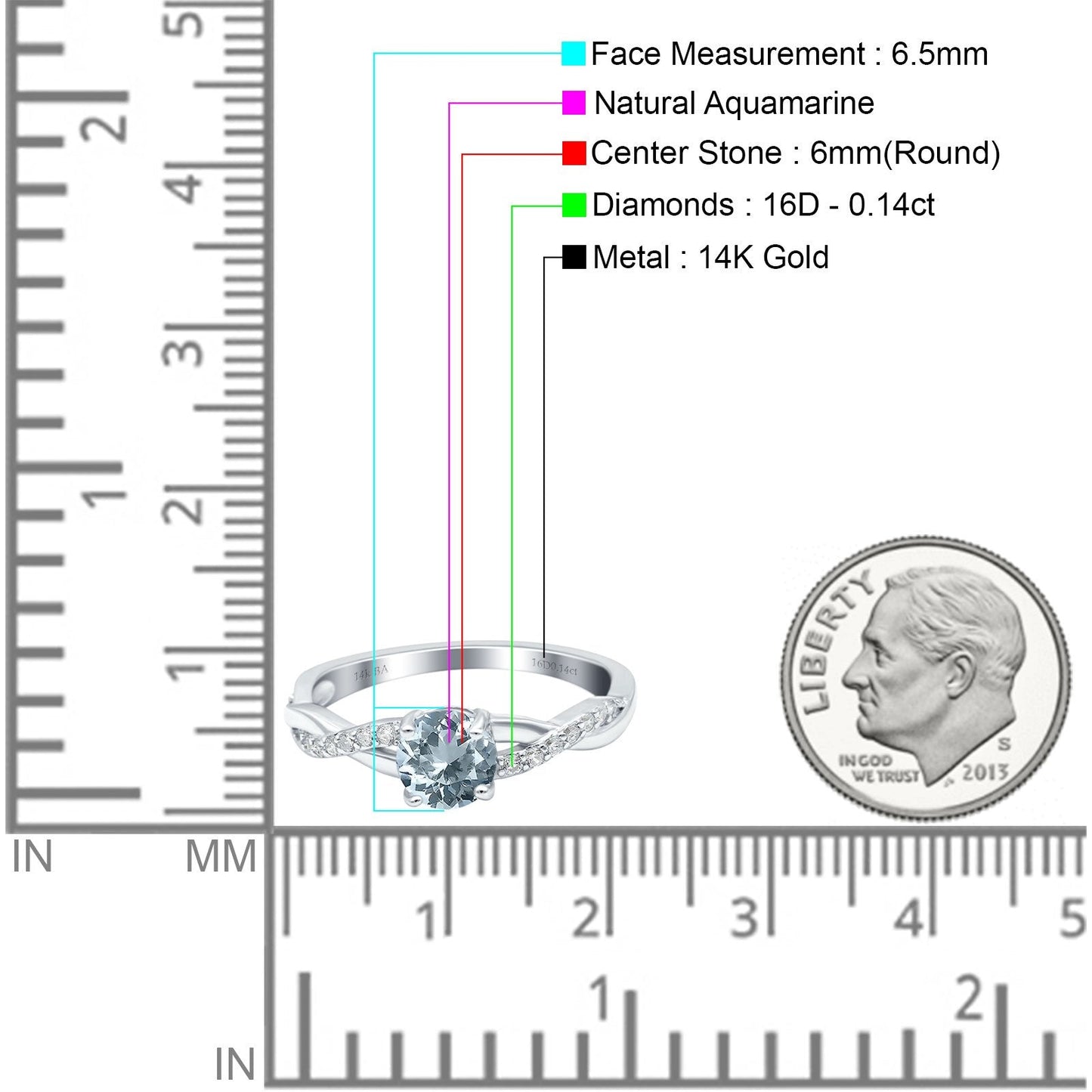 14K White Gold 0.98ct Round Art Deco 6mm G SI Natural Aquamarine Diamond Engagement Wedding Ring Size 6.5