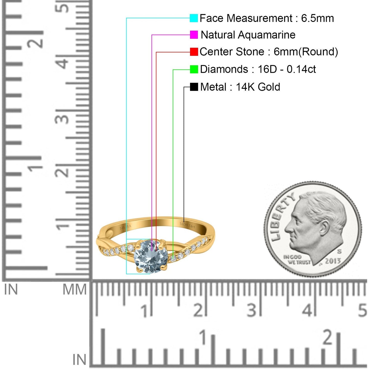 14K Yellow Gold 0.98ct Round Art Deco 6mm G SI Natural Aquamarine Diamond Engagement Wedding Ring Size 6.5