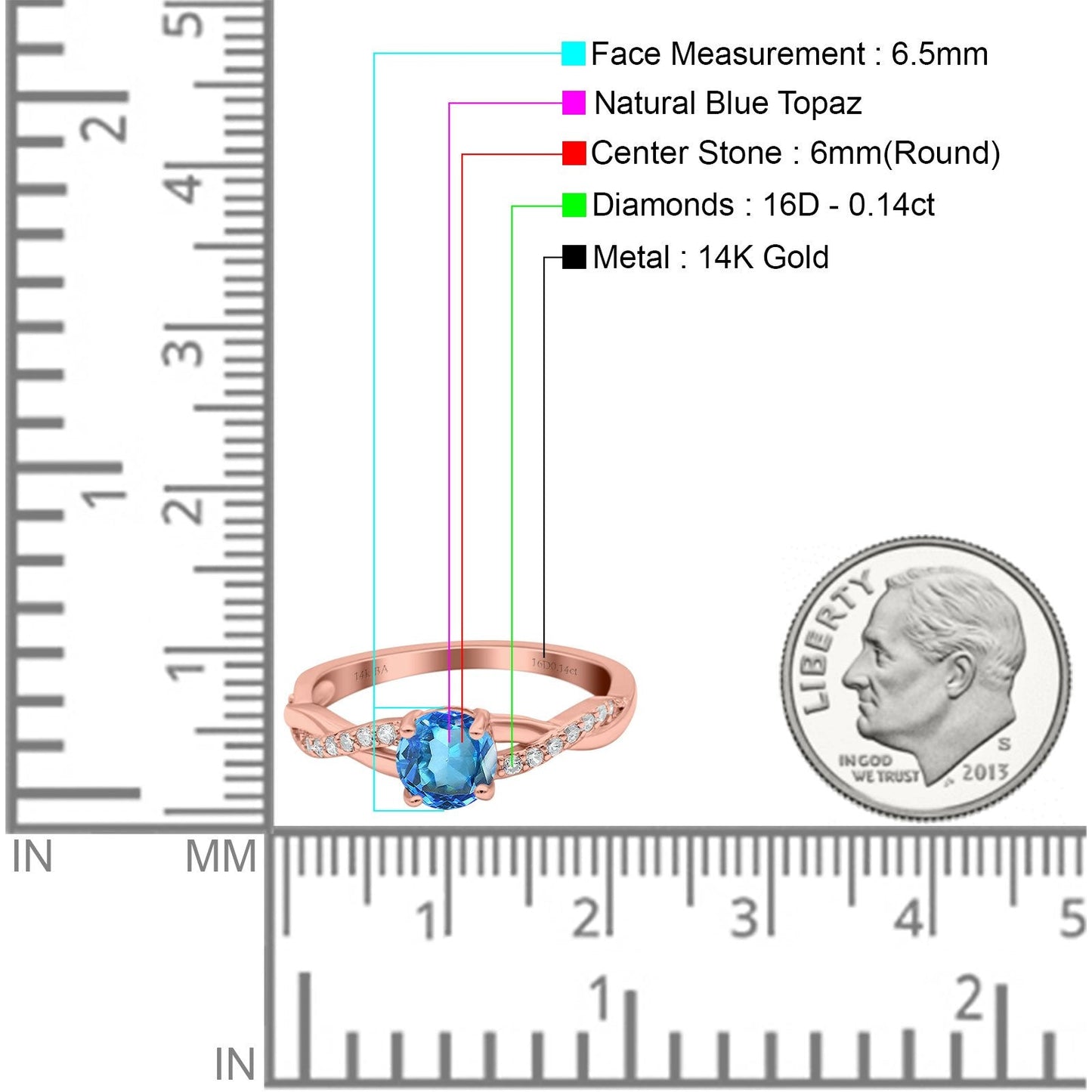 14K Rose Gold 0.98ct Round Art Deco 6mm G SI Natural Blue Topaz Diamond Engagement Wedding Ring Size 6.5