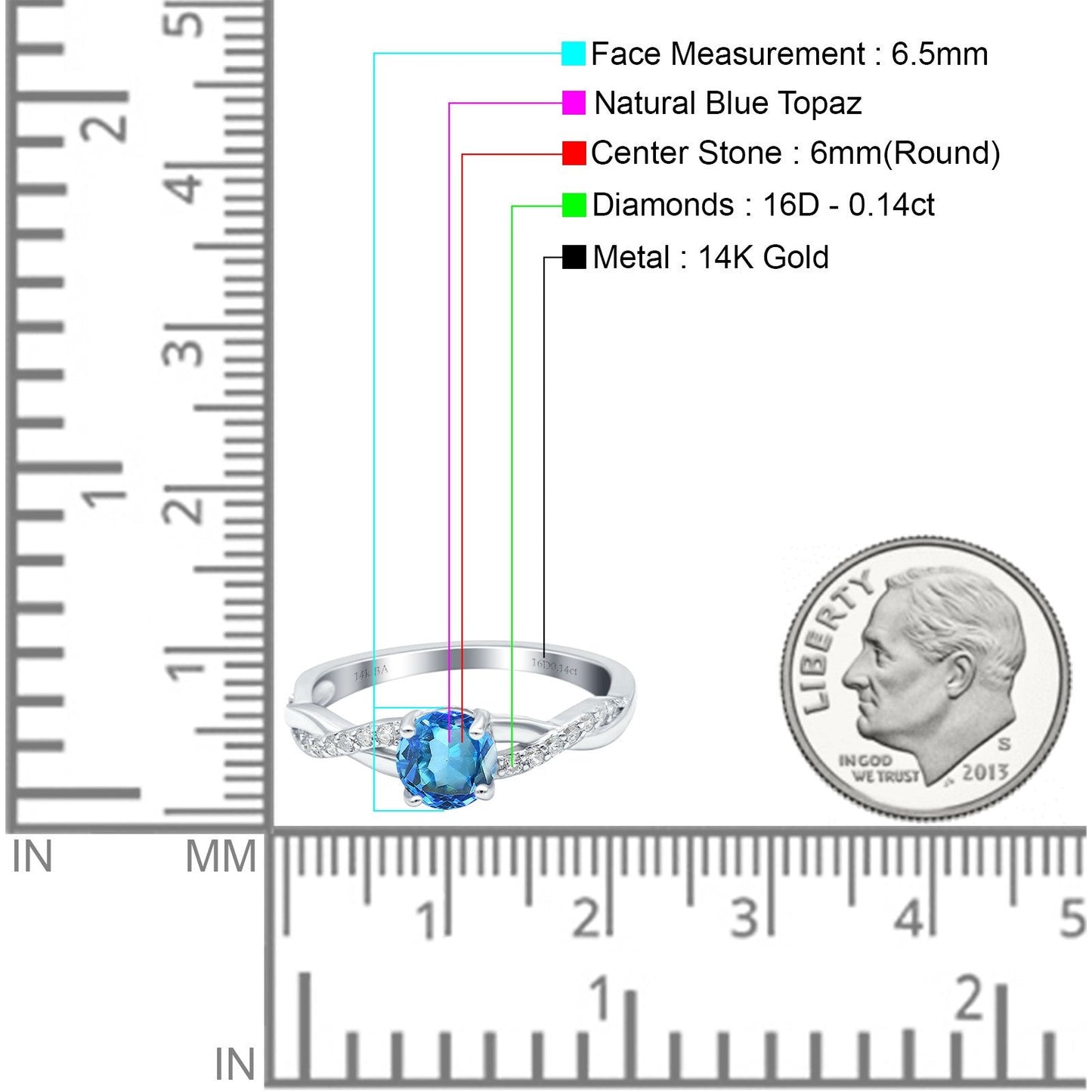 Bague de fiançailles en or blanc 14 carats 0,98 ct Art déco ronde 6 mm G SI avec topaze bleue naturelle et diamant taille 6,5