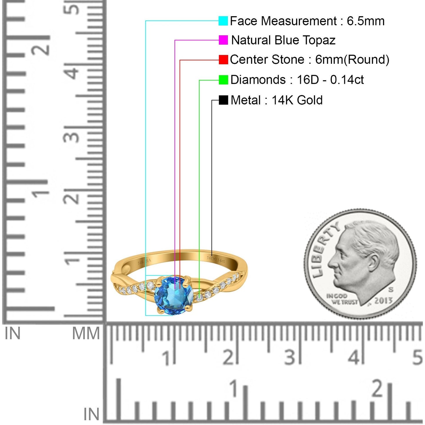 14K Yellow Gold 0.98ct Round Art Deco 6mm G SI Natural Blue Topaz Diamond Engagement Wedding Ring Size 6.5