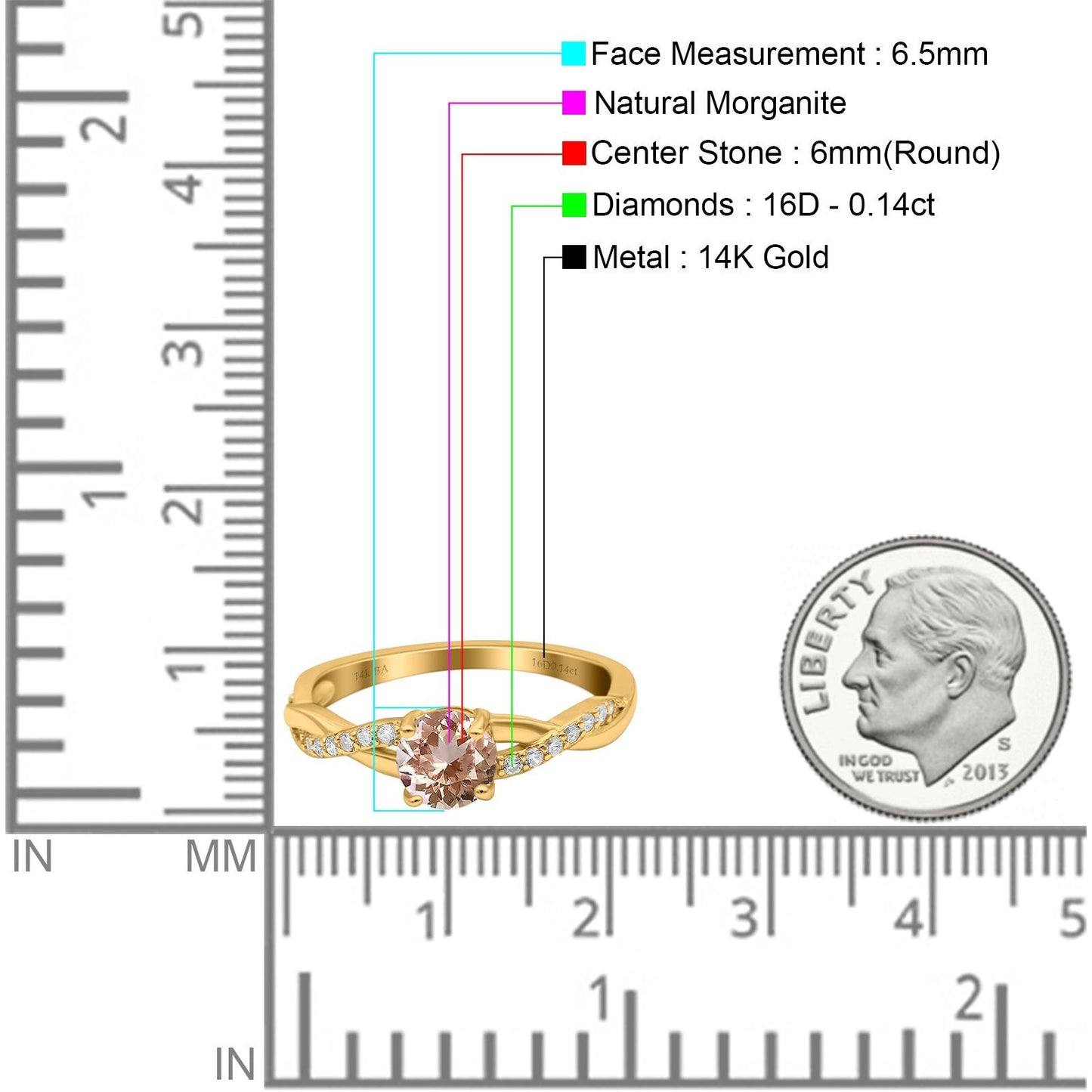 14K Yellow Gold 0.98ct Round Art Deco 6mm G SI Natural Morganite Diamond Engagement Wedding Ring Size 6.5