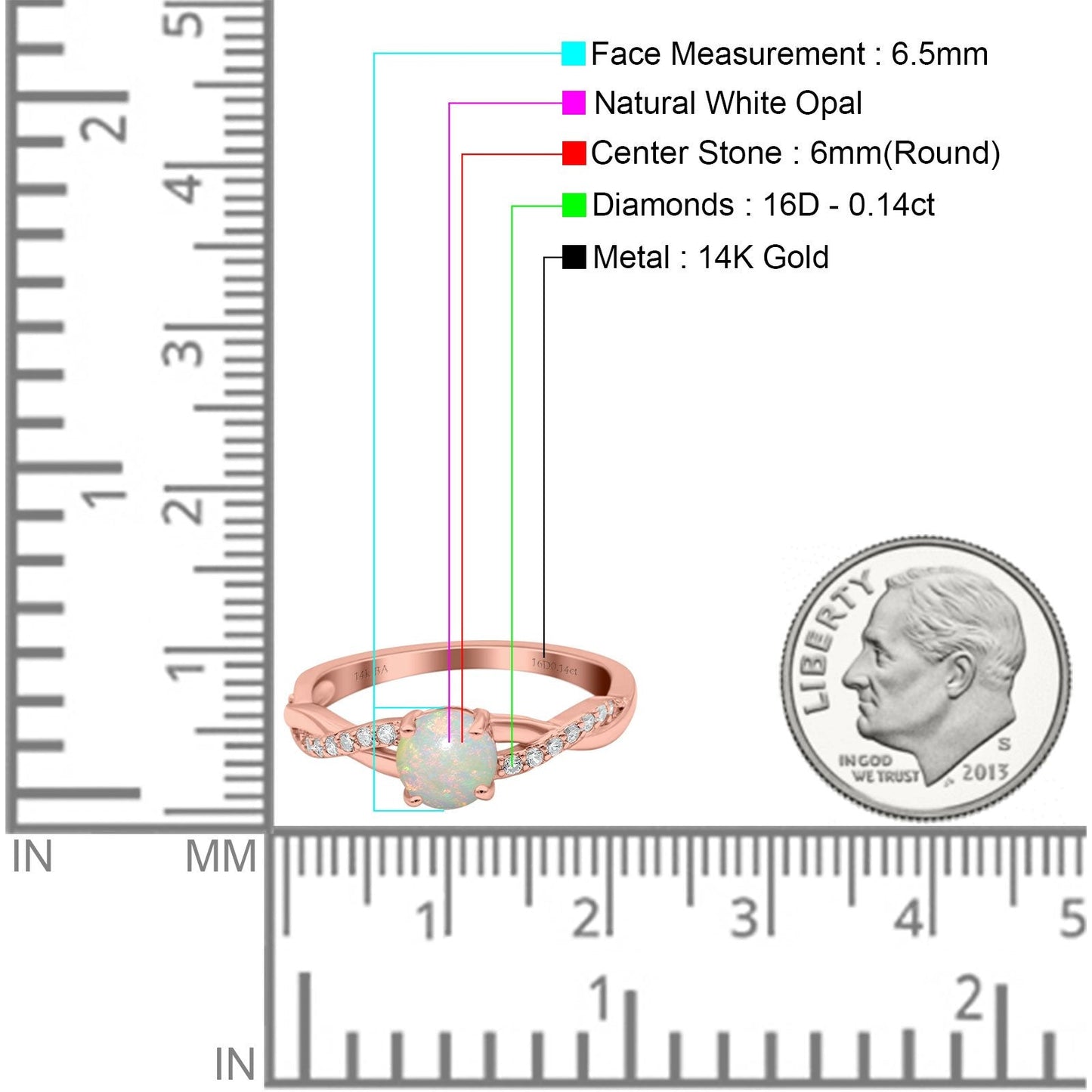 14K Rose Gold 0.14ct Round Art Deco 6mm G SI Natural White Opal Diamond Engagement Wedding Ring Size 6.5