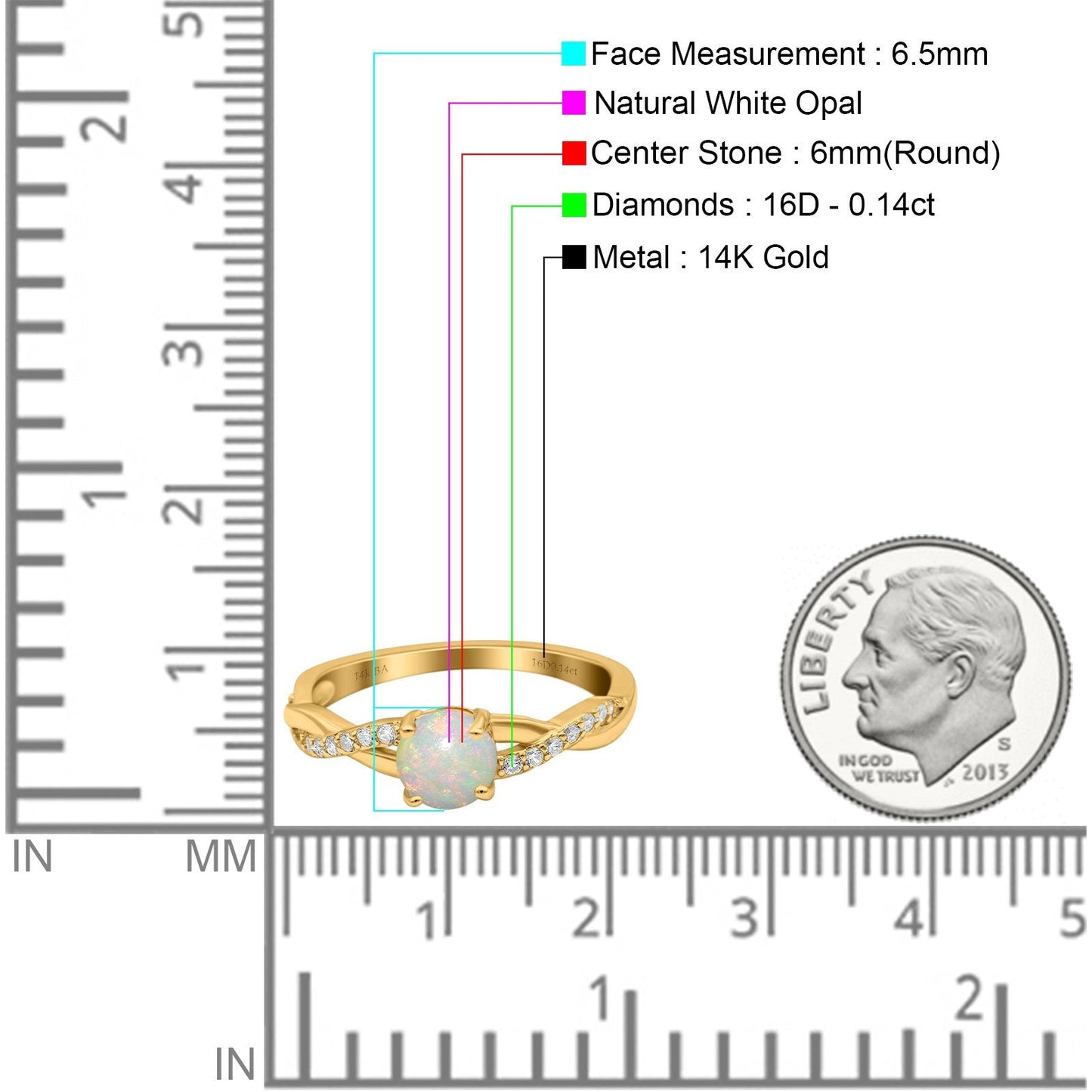 14K Yellow Gold 0.14ct Round Art Deco 6mm G SI Natural White Opal Diamond Engagement Wedding Ring Size 6.5