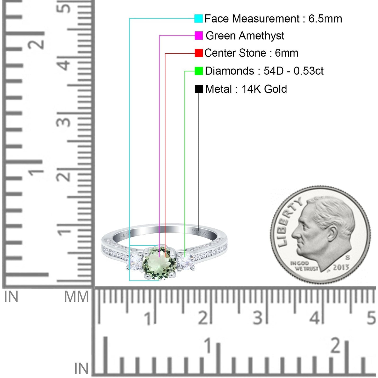 14K White Gold 1.37ct Round Three Stone Vintage 6mm G SI Natural Green Amethyst Diamond Engagement Wedding Ring Size 6.5