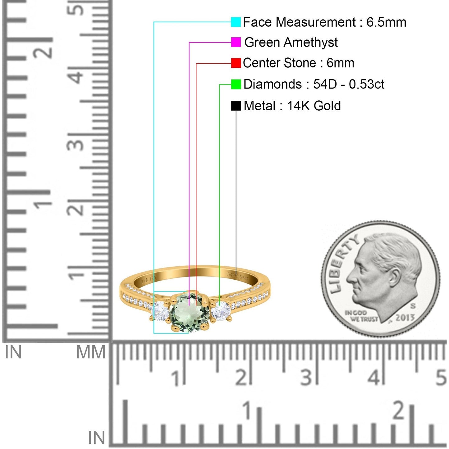 14K Yellow Gold 1.37ct Round Three Stone Vintage 6mm G SI Natural Green Amethyst Diamond Engagement Wedding Ring Size 6.5