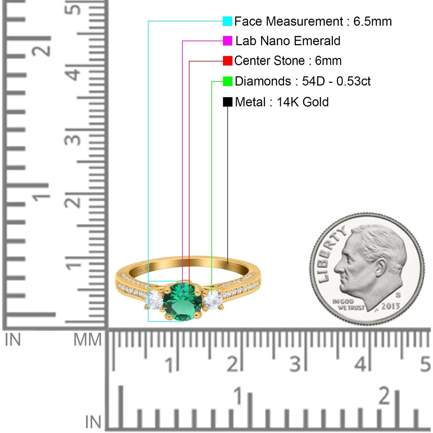 14K Yellow Gold 1.37ct Round Three Stone Vintage 6mm G SI Nano Emerald Diamond Engagement Wedding Ring Size 6.5