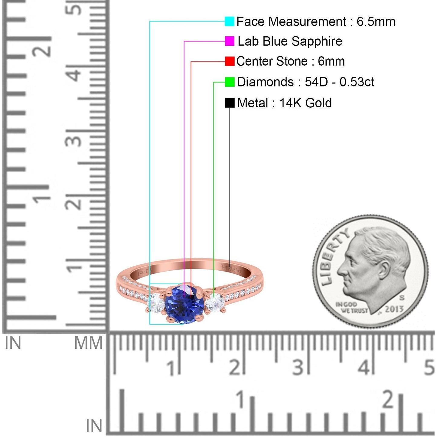 14K Rose Gold 1.37ct Round Three Stone Vintage 6mm G SI Nano Blue Sapphire Diamond Engagement Wedding Ring Size 6.5