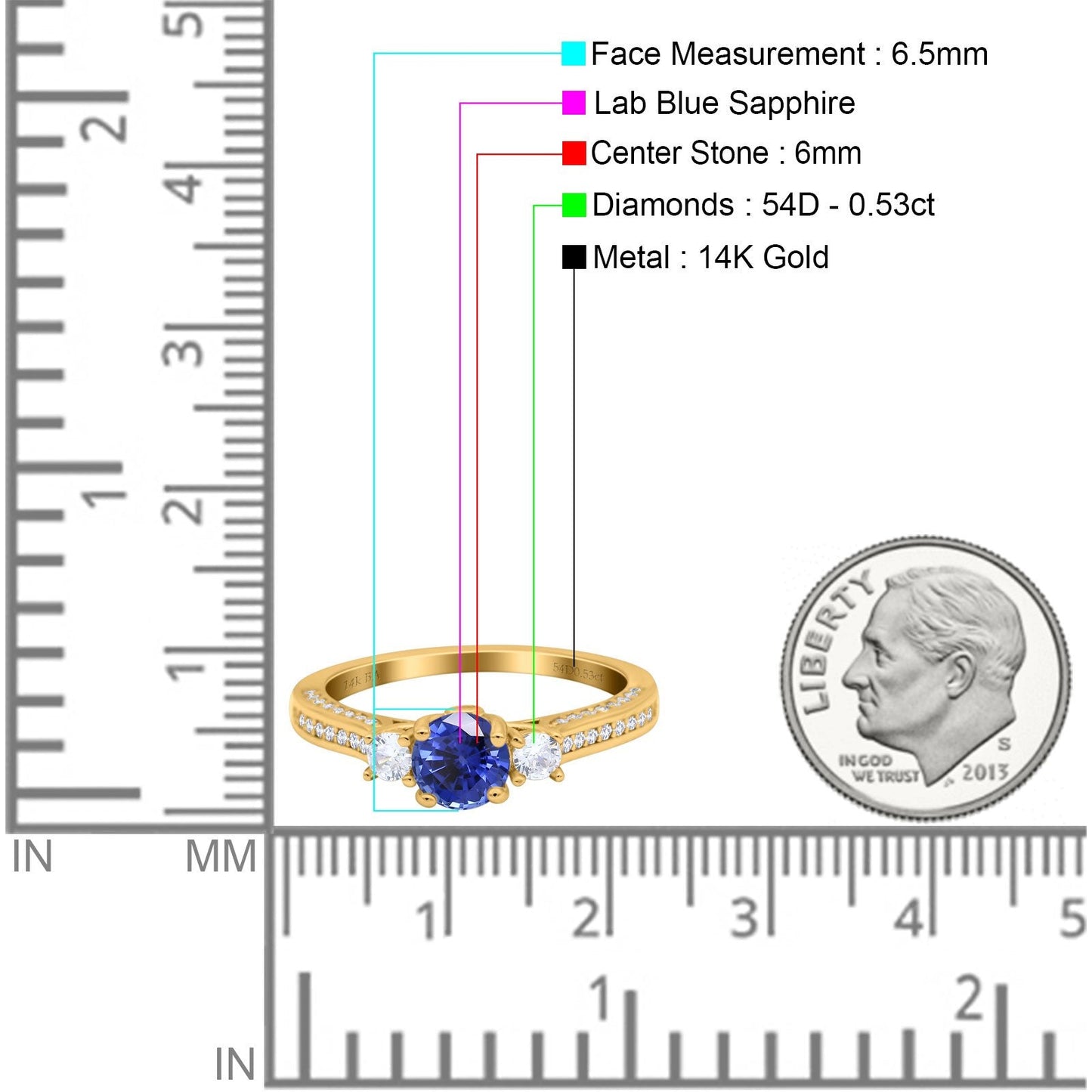 14K Yellow Gold 1.37ct Round Three Stone Vintage 6mm G SI Nano Blue Sapphire Diamond Engagement Wedding Ring Size 6.5