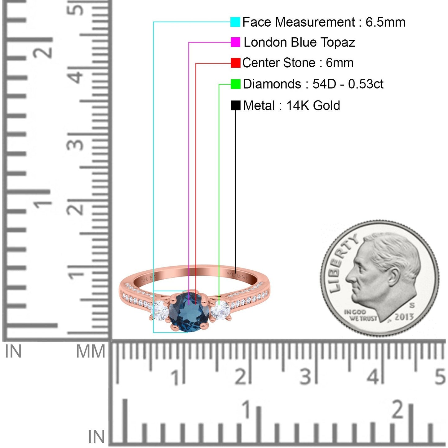 14K Rose Gold 1.37ct Round Three Stone Vintage 6mm G SI London Blue Topaz Diamond Engagement Wedding Ring Size 6.5