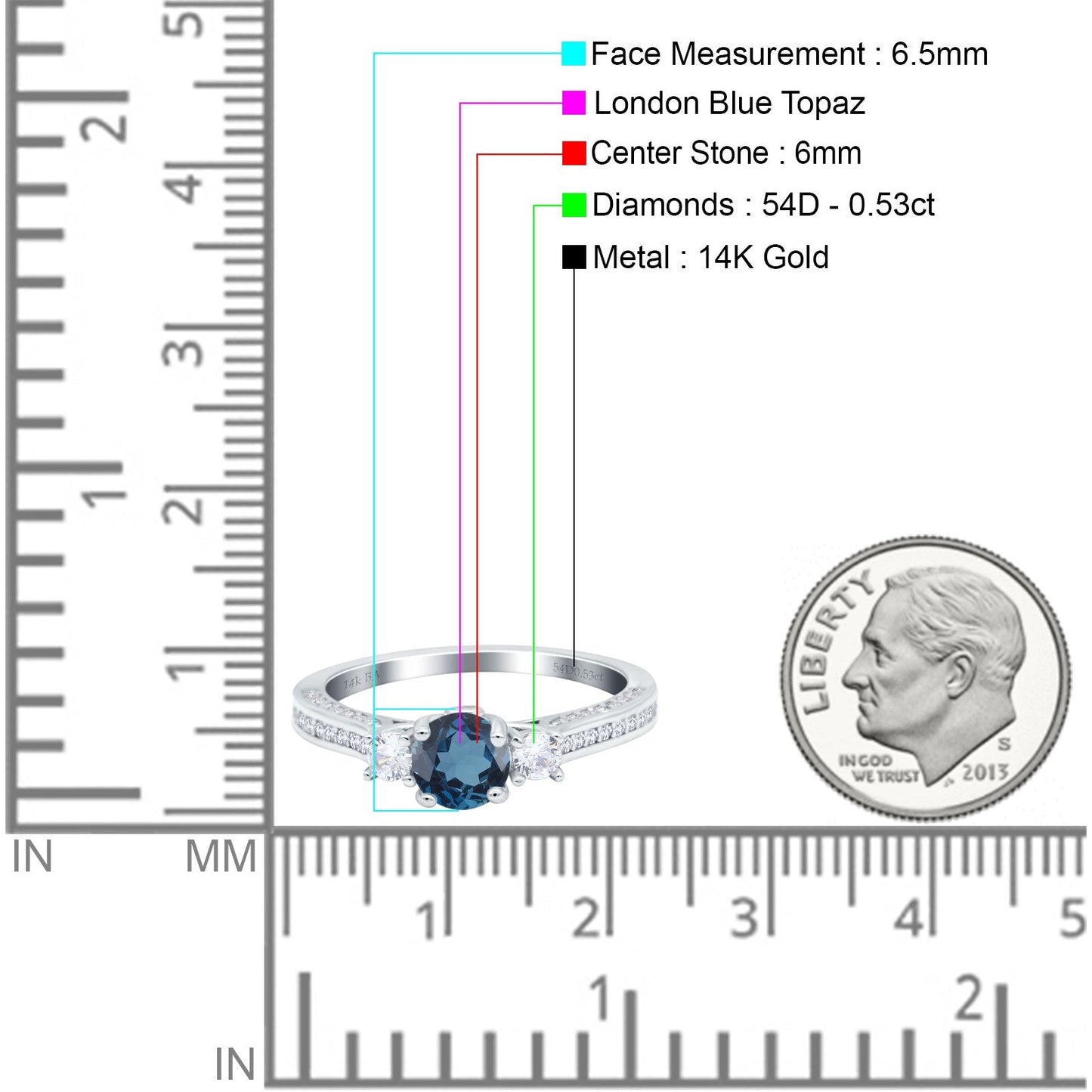 14K White Gold 1.37ct Round Three Stone Vintage 6mm G SI London Blue Topaz Diamond Engagement Wedding Ring Size 6.5