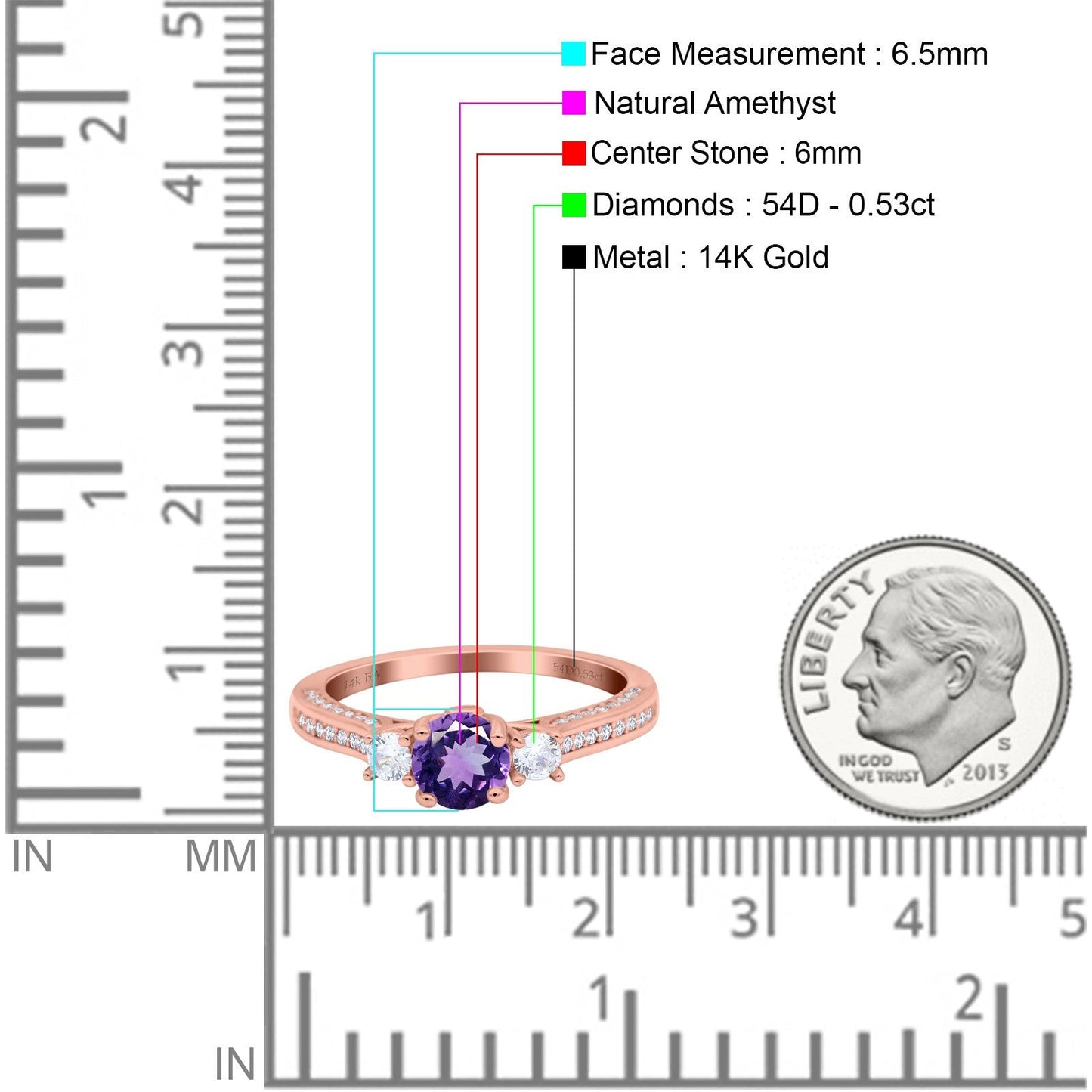 14K Rose Gold 1.37ct Round Three Stone Vintage 6mm G SI Natural Amethyst Diamond Engagement Wedding Ring Size 6.5