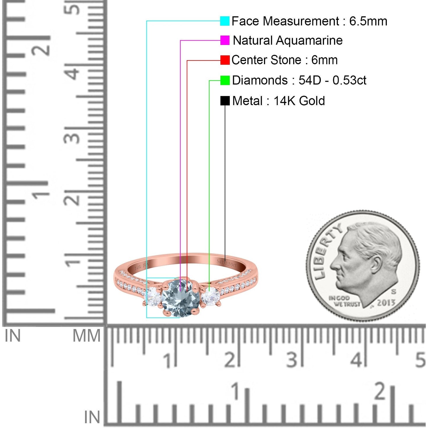 14K Rose Gold 1.37ct Round Three Stone Vintage 6mm G SI Natural Aquamarine Diamond Engagement Wedding Ring Size 6.5