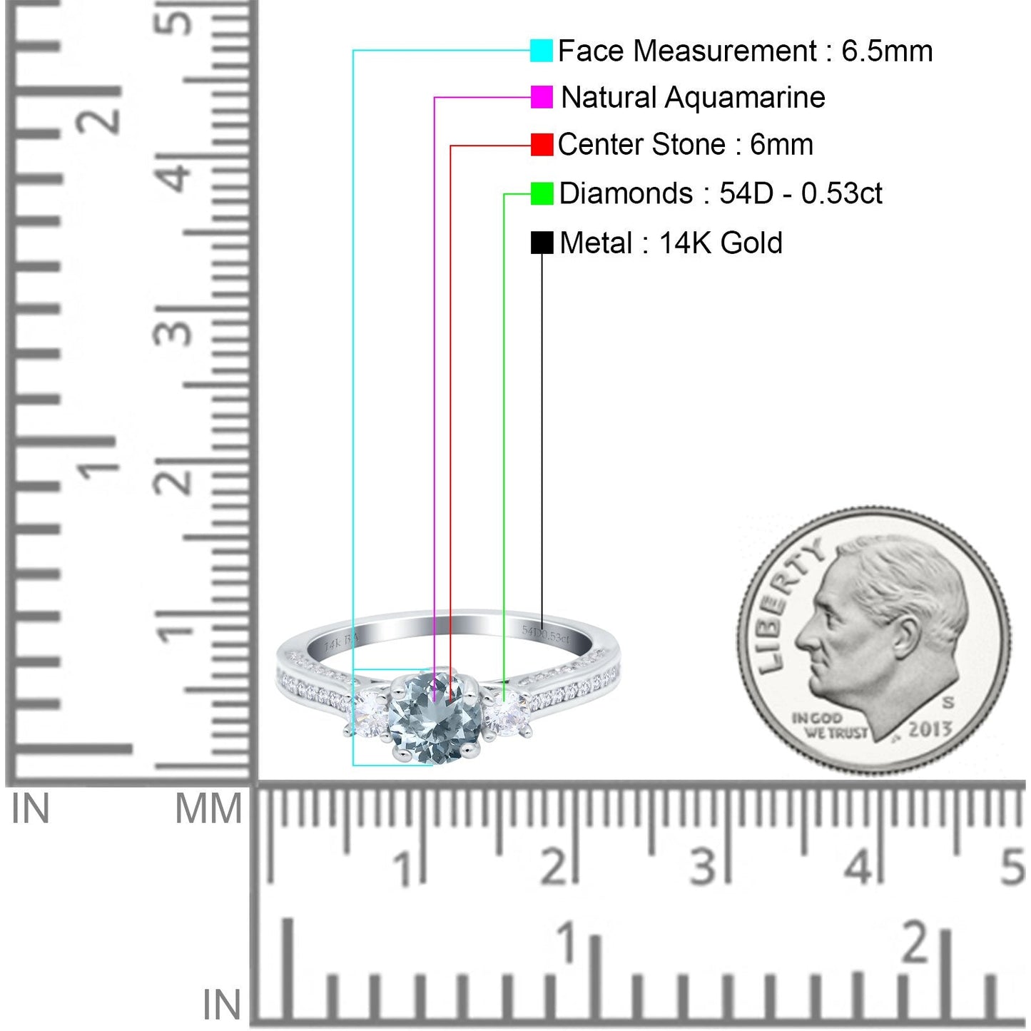 14K White Gold 1.37ct Round Three Stone Vintage 6mm G SI Natural Aquamarine Diamond Engagement Wedding Ring Size 6.5