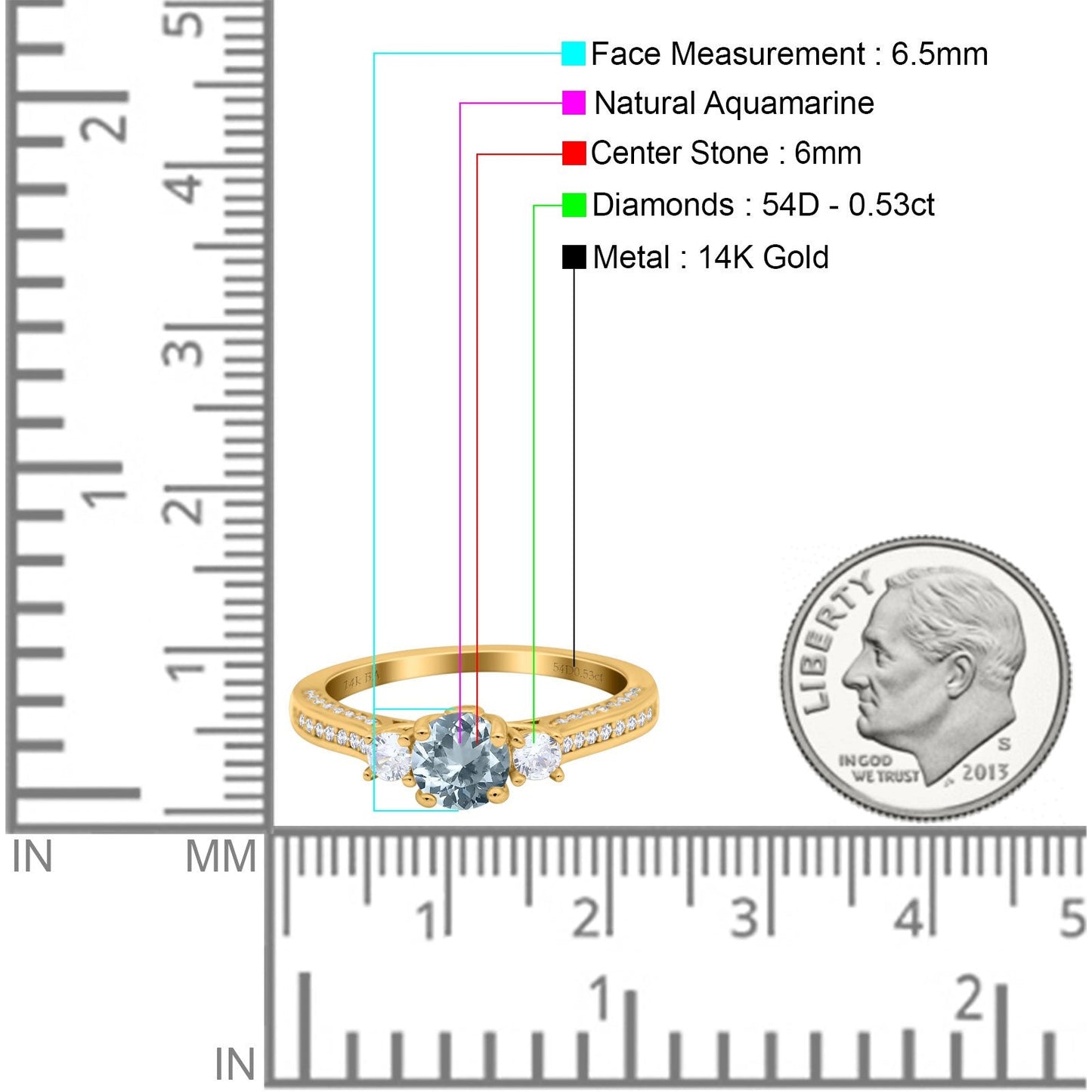 14K Yellow Gold 1.37ct Round Three Stone Vintage 6mm G SI Natural Aquamarine Diamond Engagement Wedding Ring Size 6.5