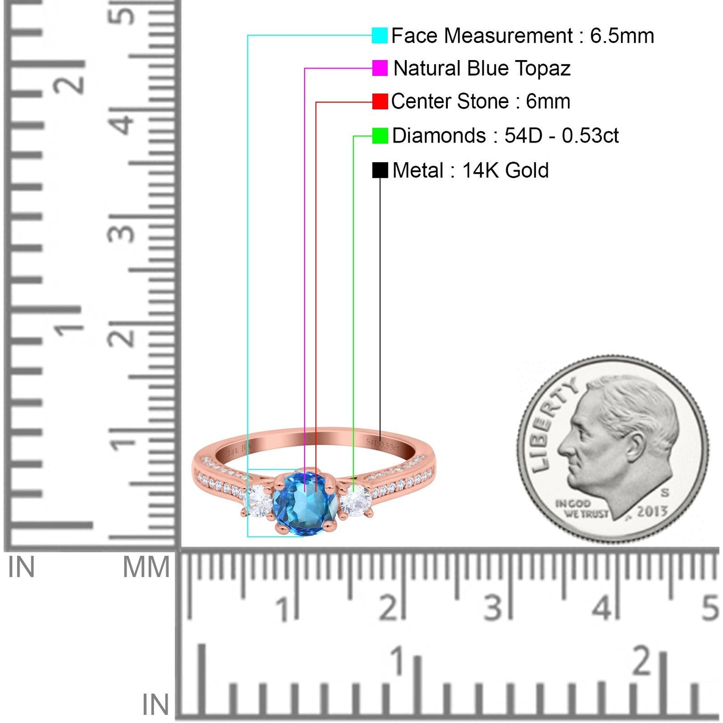 14K Rose Gold 1.37ct Round Three Stone Vintage 6mm G SI Natural Blue Topaz Diamond Engagement Wedding Ring Size 6.5