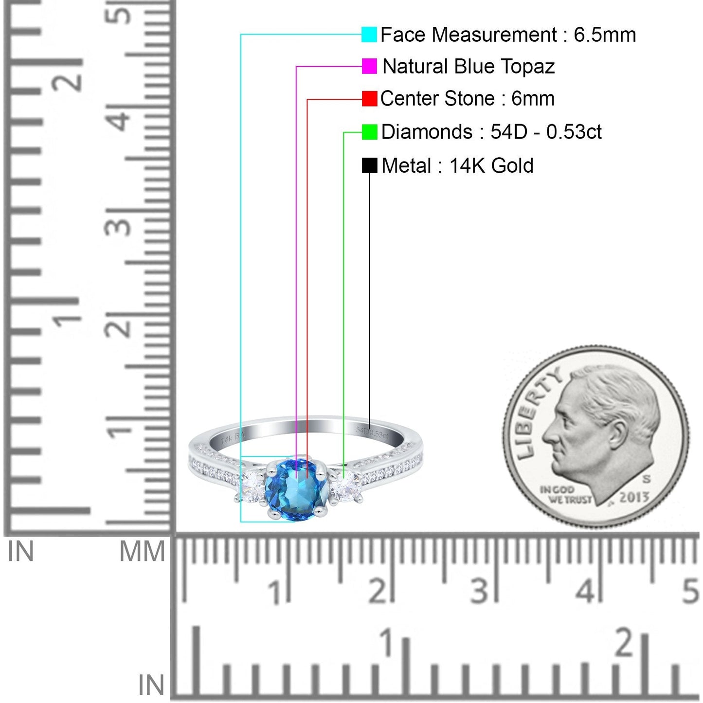 14K White Gold 1.37ct Round Three Stone Vintage 6mm G SI Natural Blue Topaz Diamond Engagement Wedding Ring Size 6.5