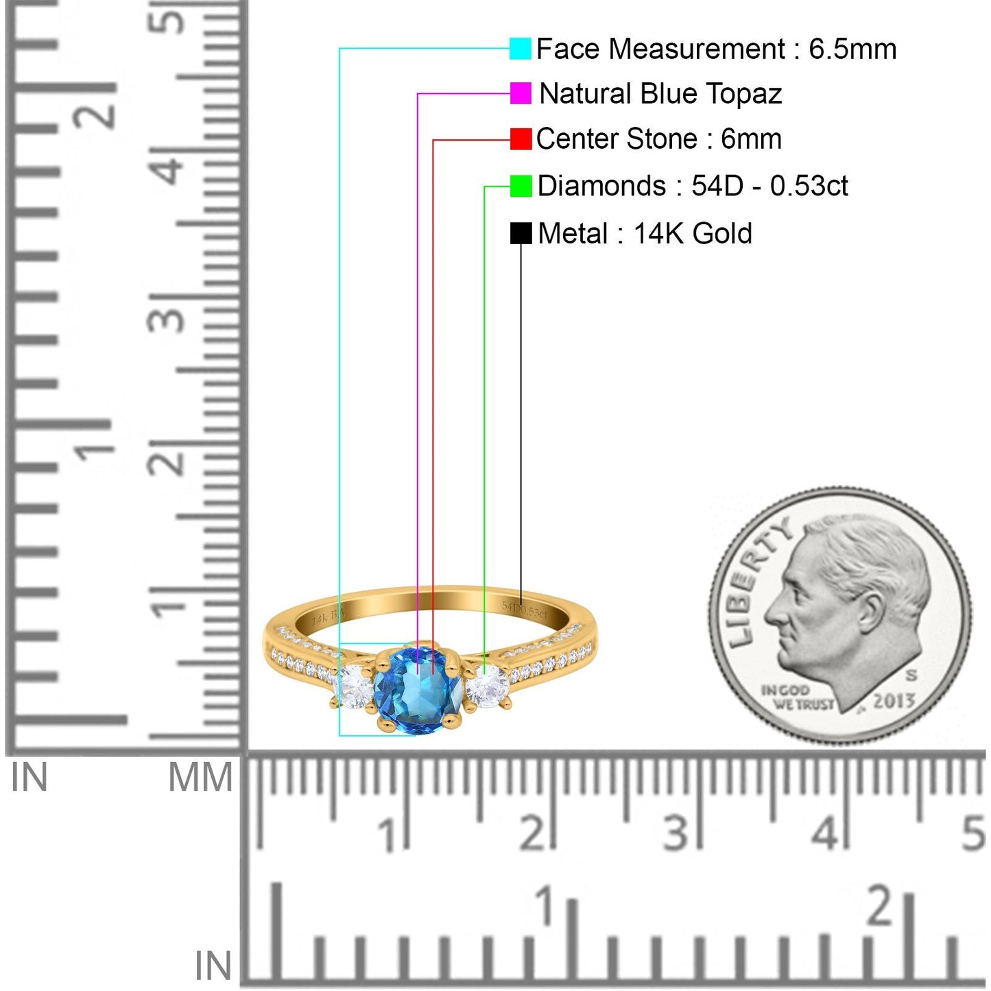 14K Yellow Gold 1.37ct Round Three Stone Vintage 6mm G SI Natural Blue Topaz Diamond Engagement Wedding Ring Size 6.5