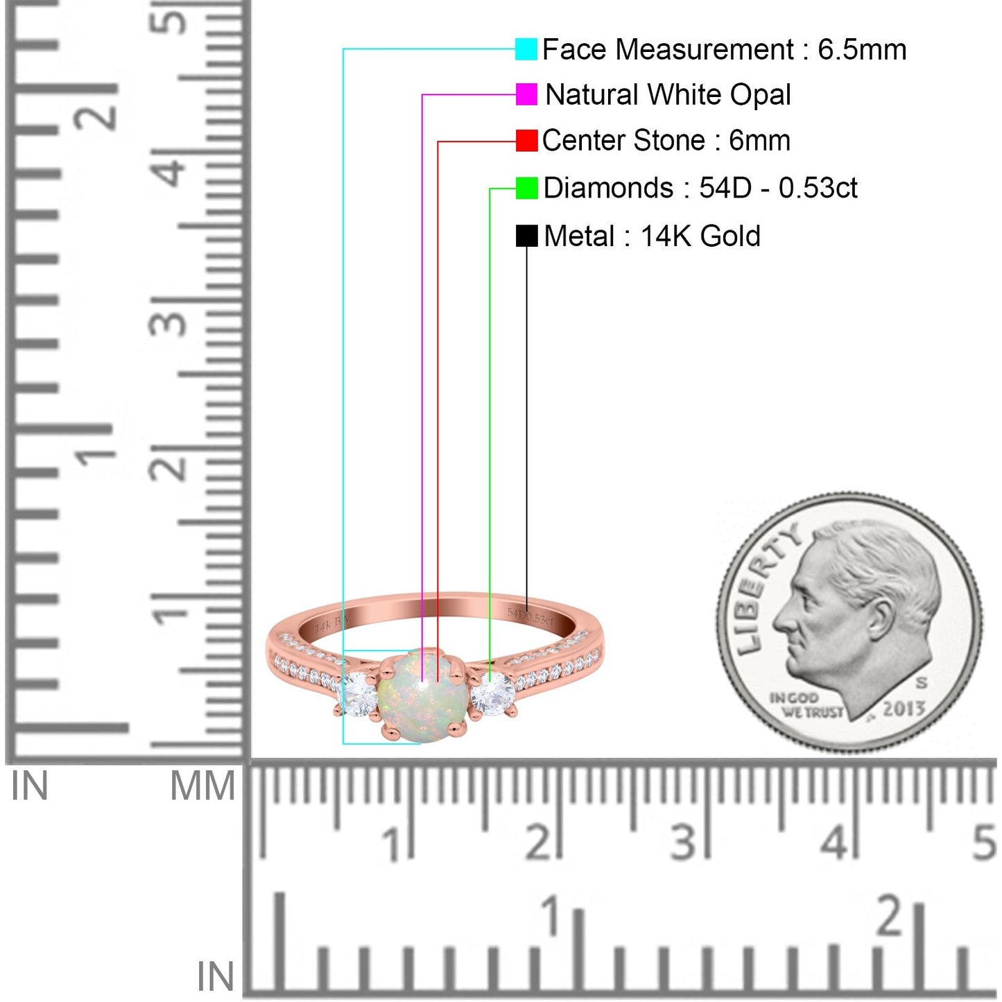 14K Rose Gold 0.53ct Round Three Stone Vintage 6mm G SI Natural White Opal Diamond Engagement Wedding Ring Size 6.5