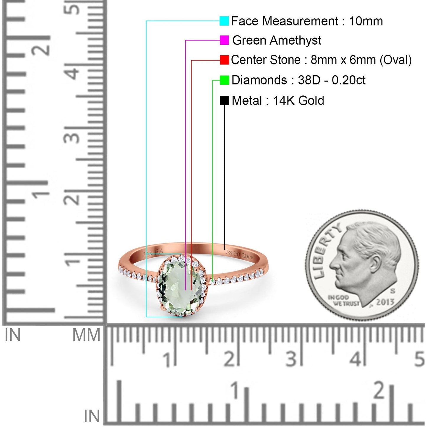 14K Rose Gold 1.41ct Oval 8mmx6mm Fashion Accent G SI Natural Green Amethyst Diamond Engagement Wedding Ring Size 6.5