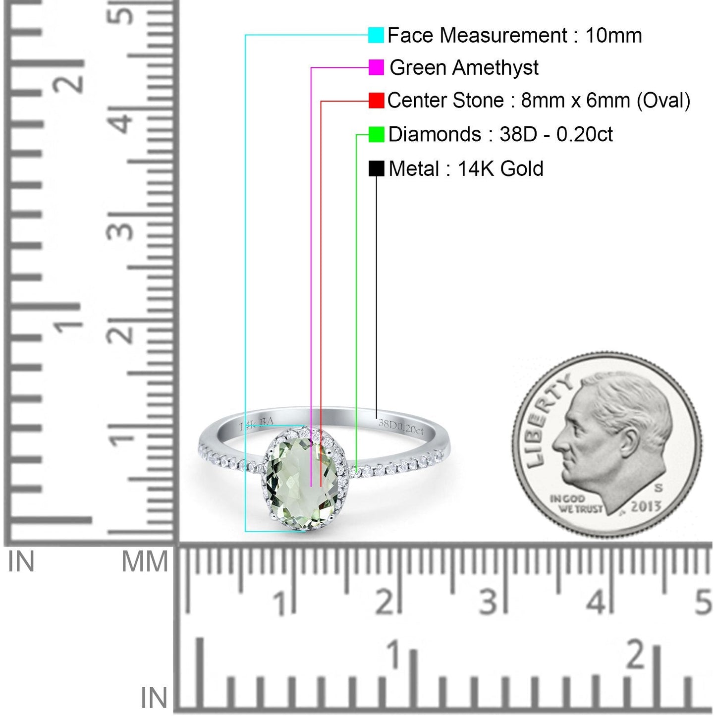 14K White Gold 1.41ct Oval 8mmx6mm Fashion Accent G SI Natural Green Amethyst Diamond Engagement Wedding Ring Size 6.5