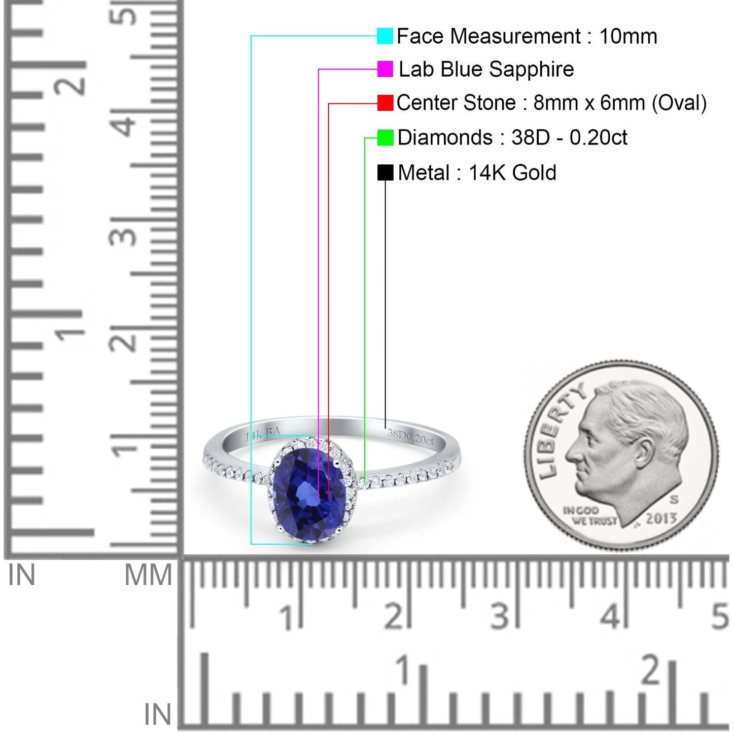 14K White Gold 1.41ct Oval 8mmx6mm Fashion Accent G SI Nano Blue Sapphire Diamond Engagement Wedding Ring Size 6.5