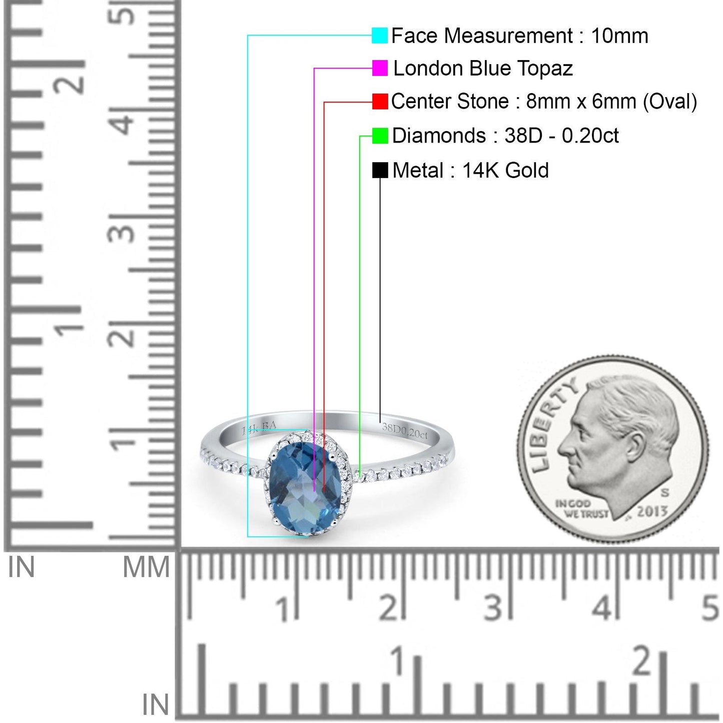 14K White Gold 1.41ct Oval 8mmx6mm Fashion Accent G SI London Blue Topaz Diamond Engagement Wedding Ring Size 6.5