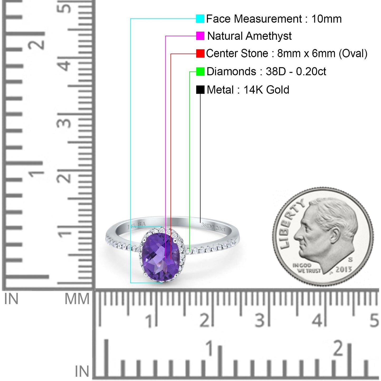 14K White Gold 1.41ct Oval 8mmx6mm Fashion Accent G SI Natural Amethyst Diamond Engagement Wedding Ring Size 6.5