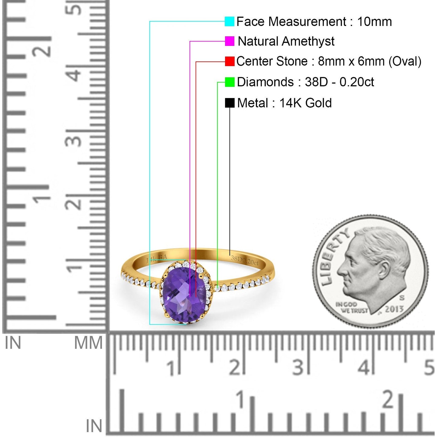 14K Yellow Gold 1.41ct Oval 8mmx6mm Fashion Accent G SI Natural Amethyst Diamond Engagement Wedding Ring Size 6.5