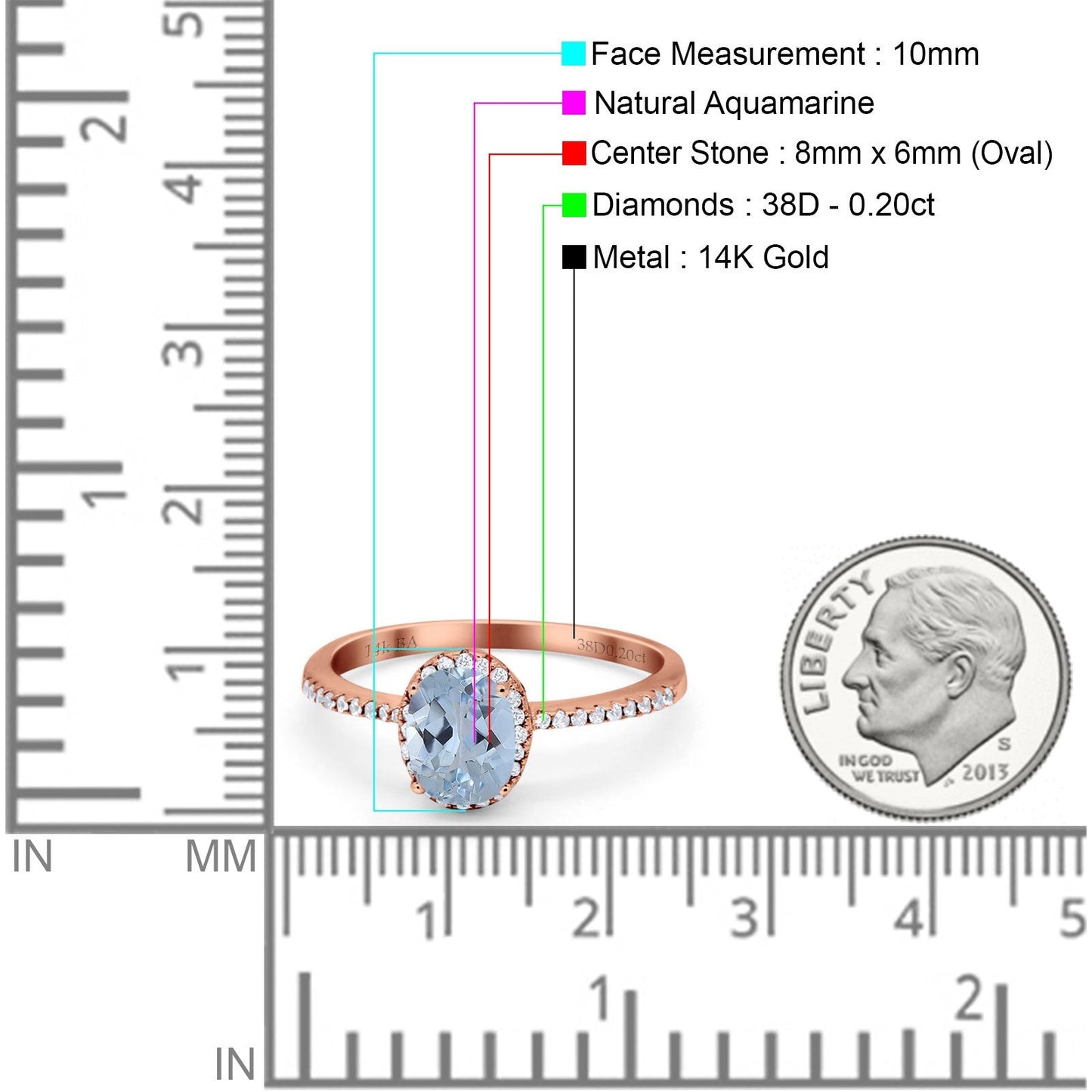 14K Rose Gold 1.41ct Oval 8mmx6mm Fashion Accent G SI Natural Aquamarine Diamond Engagement Wedding Ring Size 6.5