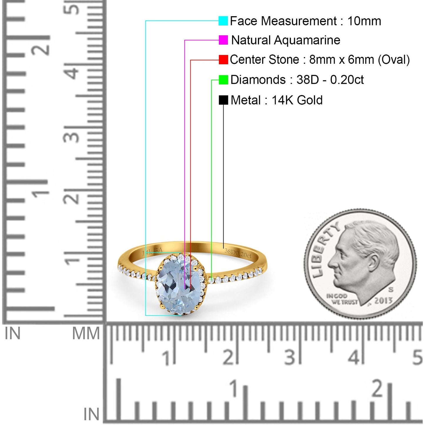 14K Yellow Gold 1.41ct Oval 8mmx6mm Fashion Accent G SI Natural Aquamarine Diamond Engagement Wedding Ring Size 6.5