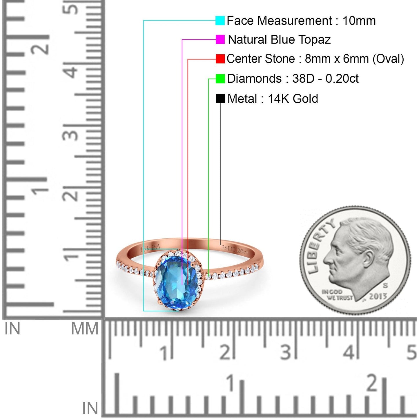 14K Rose Gold 1.41ct Oval 8mmx6mm Fashion Accent G SI Natural Blue Topaz Diamond Engagement Wedding Ring Size 6.5