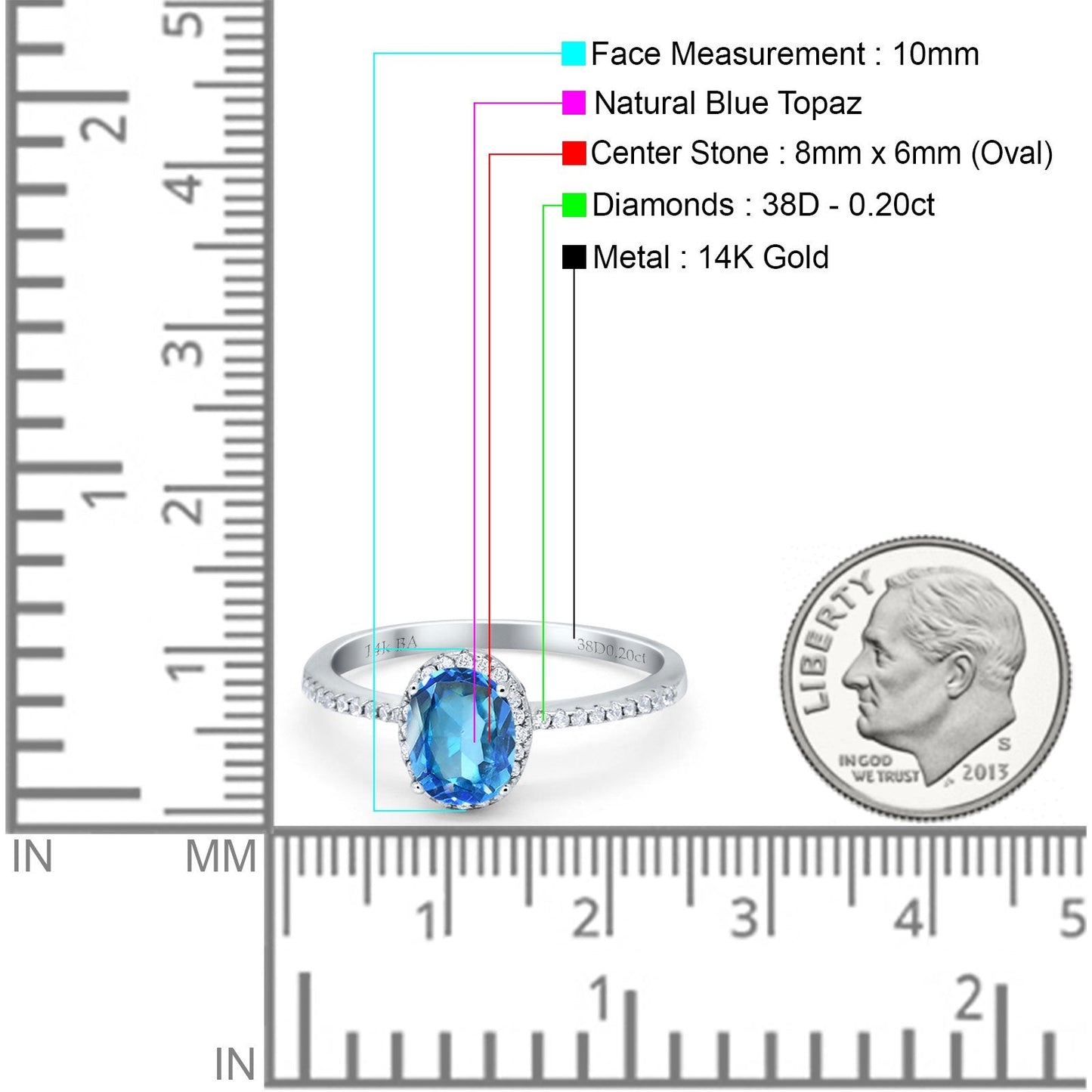 14K White Gold 1.41ct Oval 8mmx6mm Fashion Accent G SI Natural Blue Topaz Diamond Engagement Wedding Ring Size 6.5