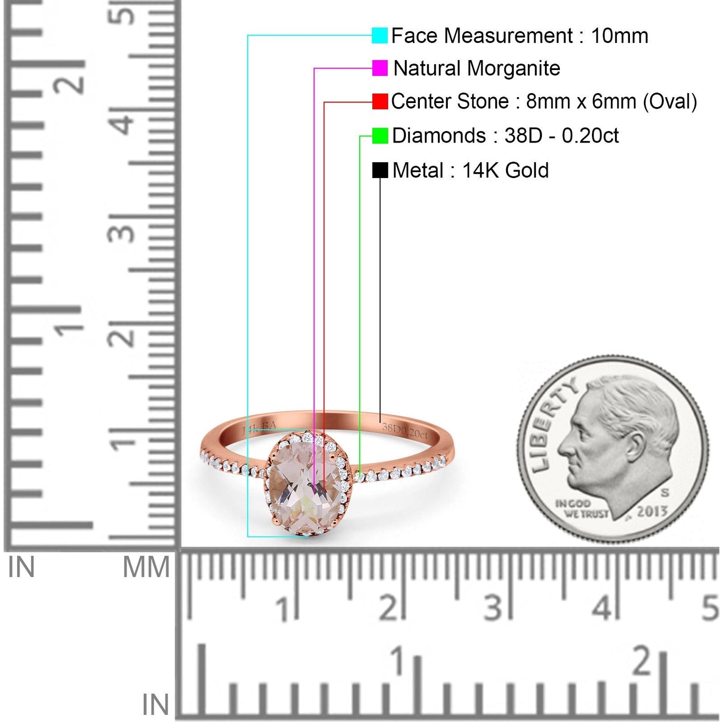 14K Rose Gold 1.41ct Oval 8mmx6mm Fashion Accent G SI Natural Morganite Diamond Engagement Wedding Ring Size 6.5