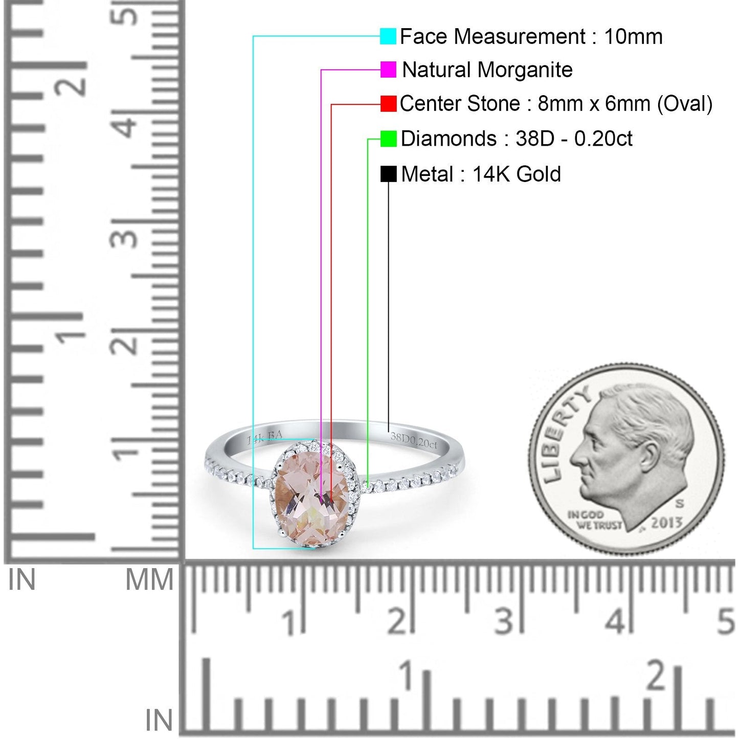 14K White Gold 1.41ct Oval 8mmx6mm Fashion Accent G SI Natural Morganite Diamond Engagement Wedding Ring Size 6.5