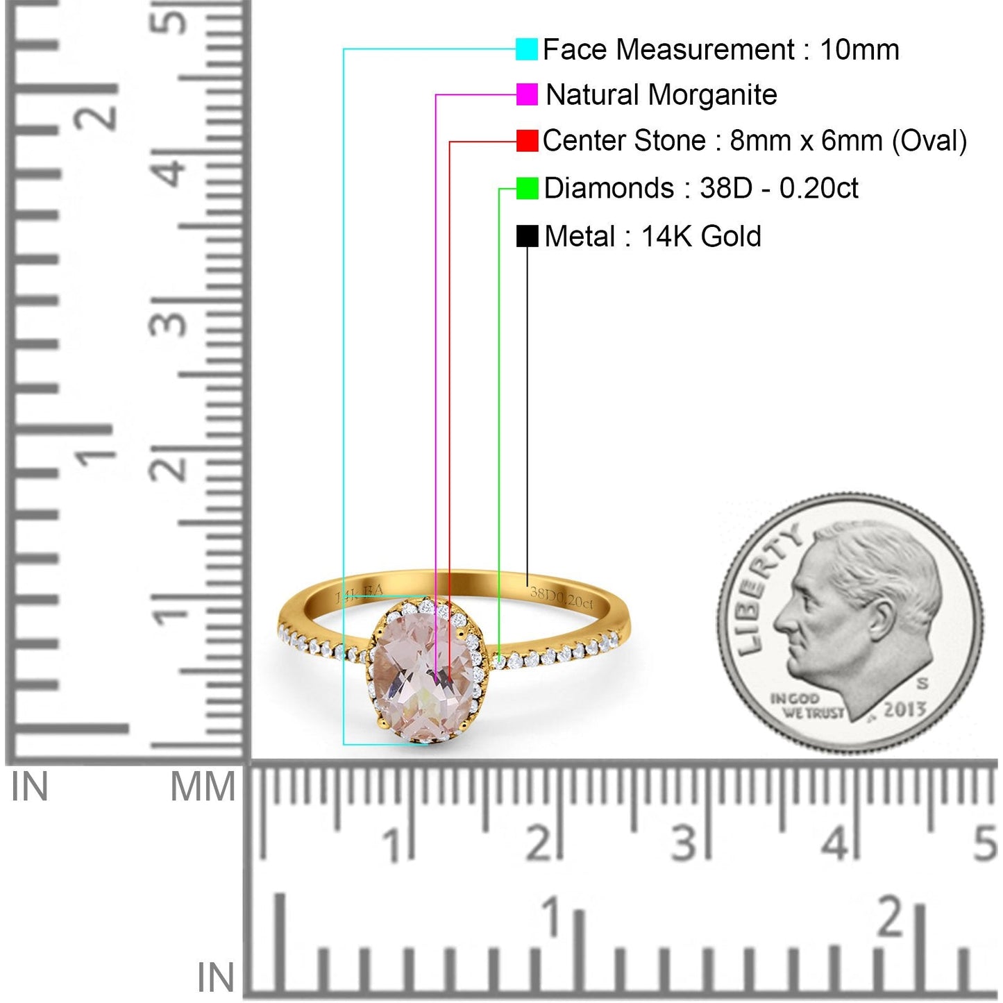 14K Yellow Gold 1.41ct Oval 8mmx6mm Fashion Accent G SI Natural Morganite Diamond Engagement Wedding Ring Size 6.5