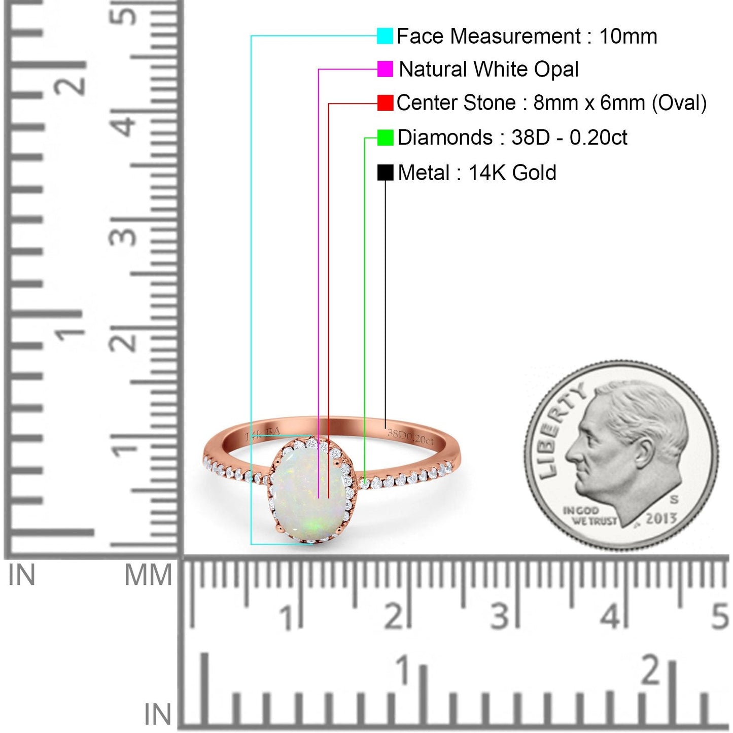 14K Rose Gold 0.20ct Oval 8mmx6mm Fashion Accent G SI Natural White Opal Diamond Engagement Wedding Ring Size 6.5