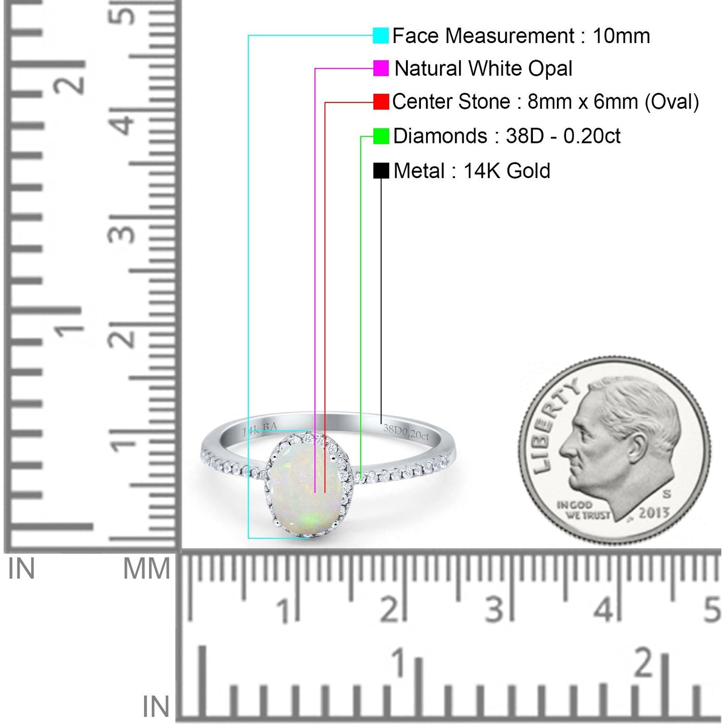 14K White Gold 0.20ct Oval 8mmx6mm Fashion Accent G SI Natural White Opal Diamond Engagement Wedding Ring Size 6.5