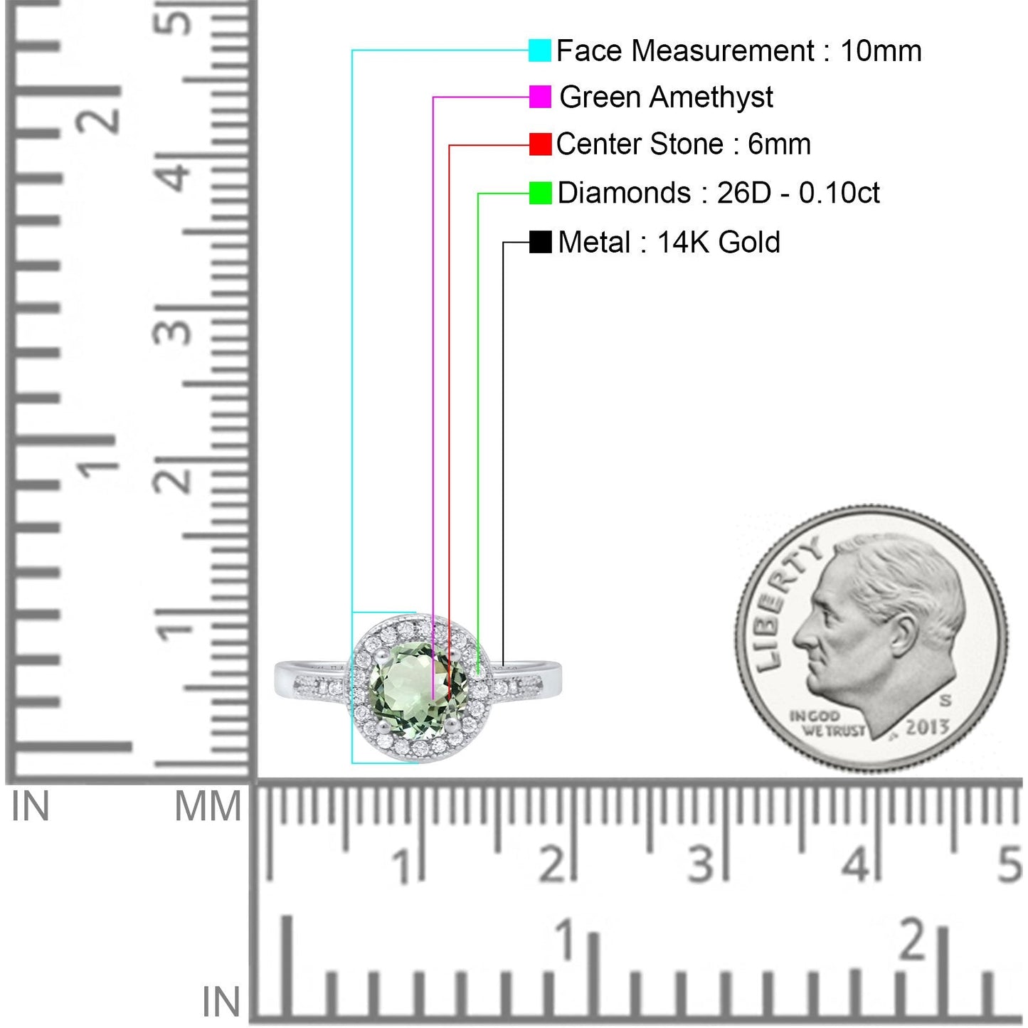 14K White Gold 0.94ct Round Art Deco 6mm G SI Natural Green Amethyst Diamond Engagement Wedding Ring Size 6.5