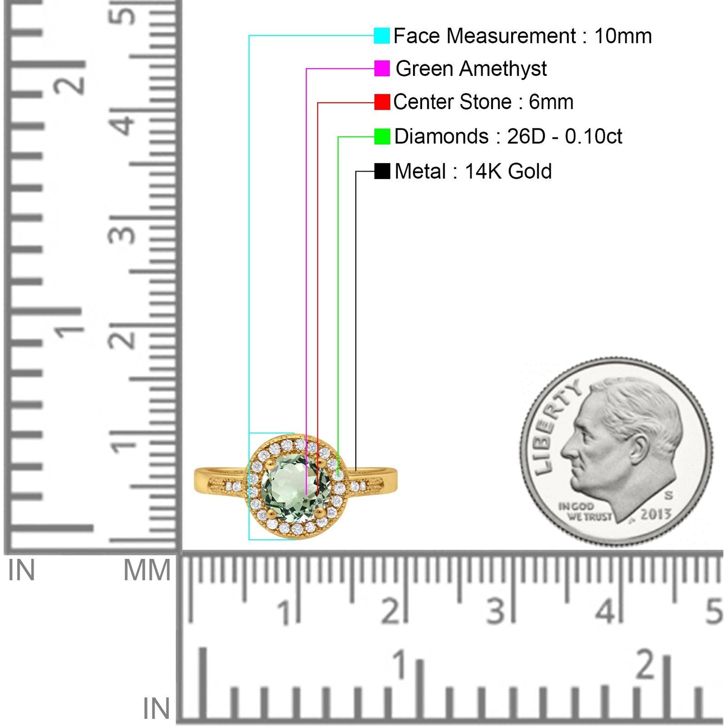 14K Yellow Gold 0.94ct Round Art Deco 6mm G SI Natural Green Amethyst Diamond Engagement Wedding Ring Size 6.5