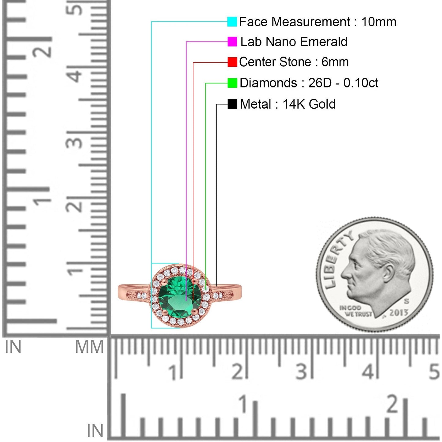 14K Rose Gold 0.94ct Round Art Deco 6mm G SI Nano Emerald Diamond Engagement Wedding Ring Size 6.5