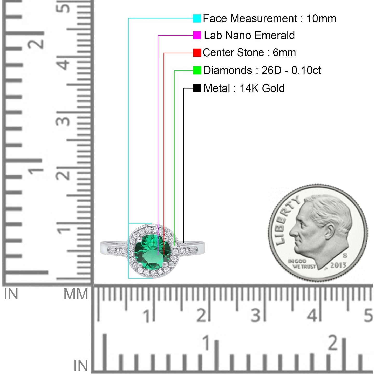 14K White Gold 0.94ct Round Art Deco 6mm G SI Nano Emerald Diamond Engagement Wedding Ring Size 6.5