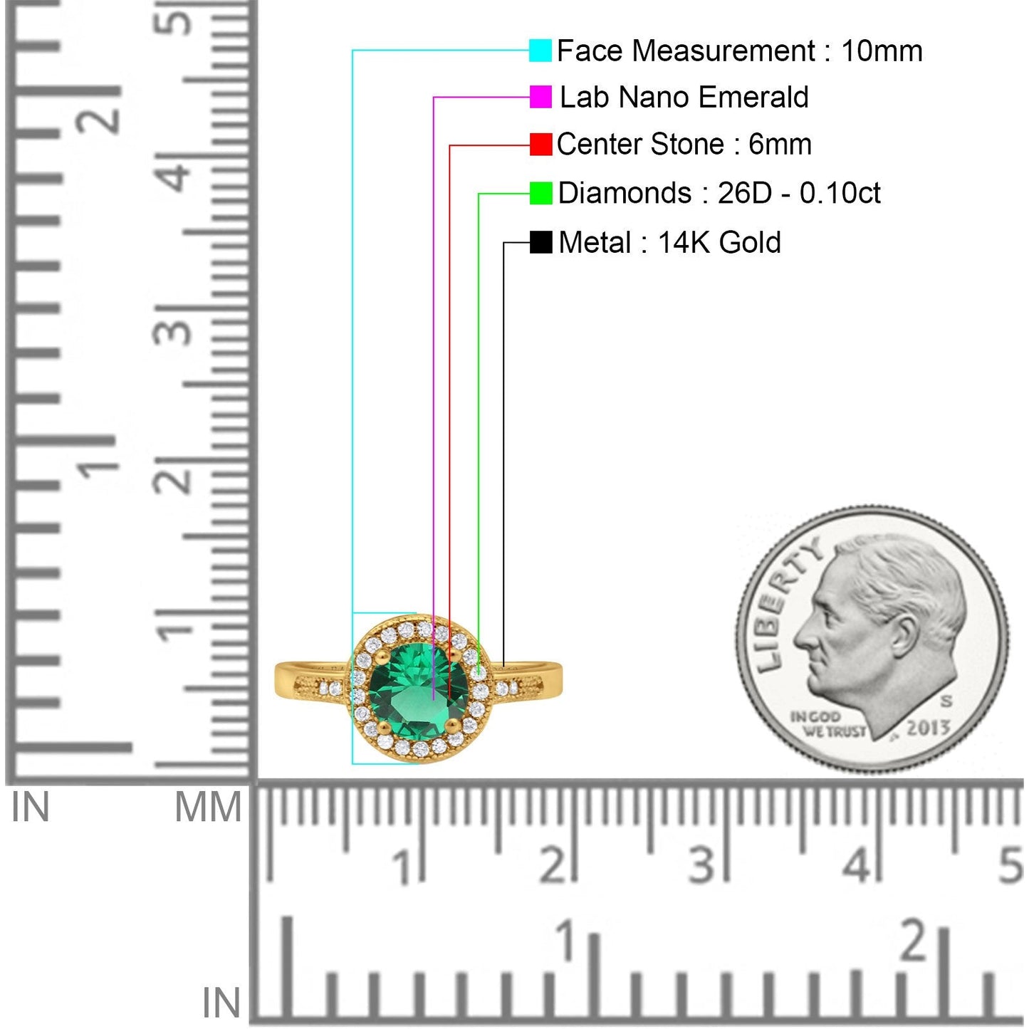 14K Yellow Gold 0.94ct Round Art Deco 6mm G SI Nano Emerald Diamond Engagement Wedding Ring Size 6.5