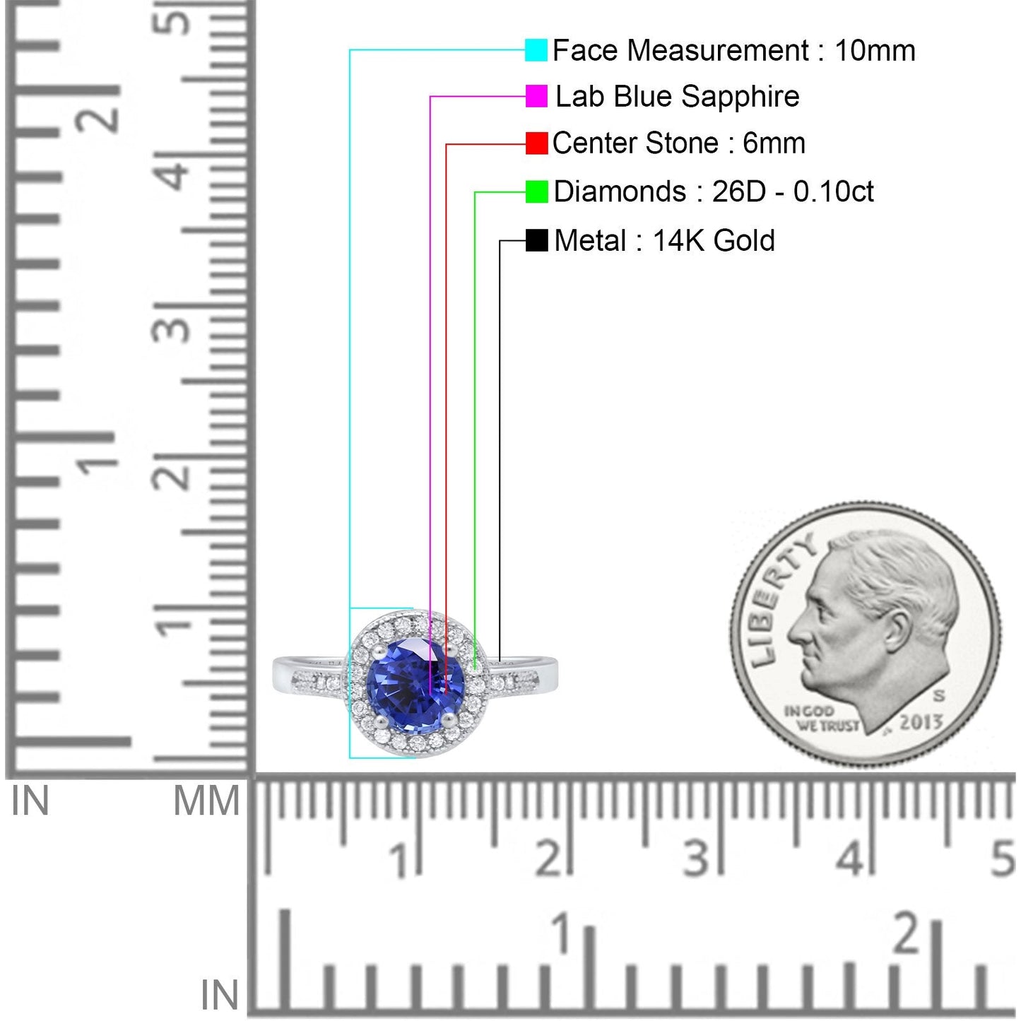 14K White Gold 0.94ct Round Art Deco 6mm G SI Nano Blue Sapphire Diamond Engagement Wedding Ring Size 6.5