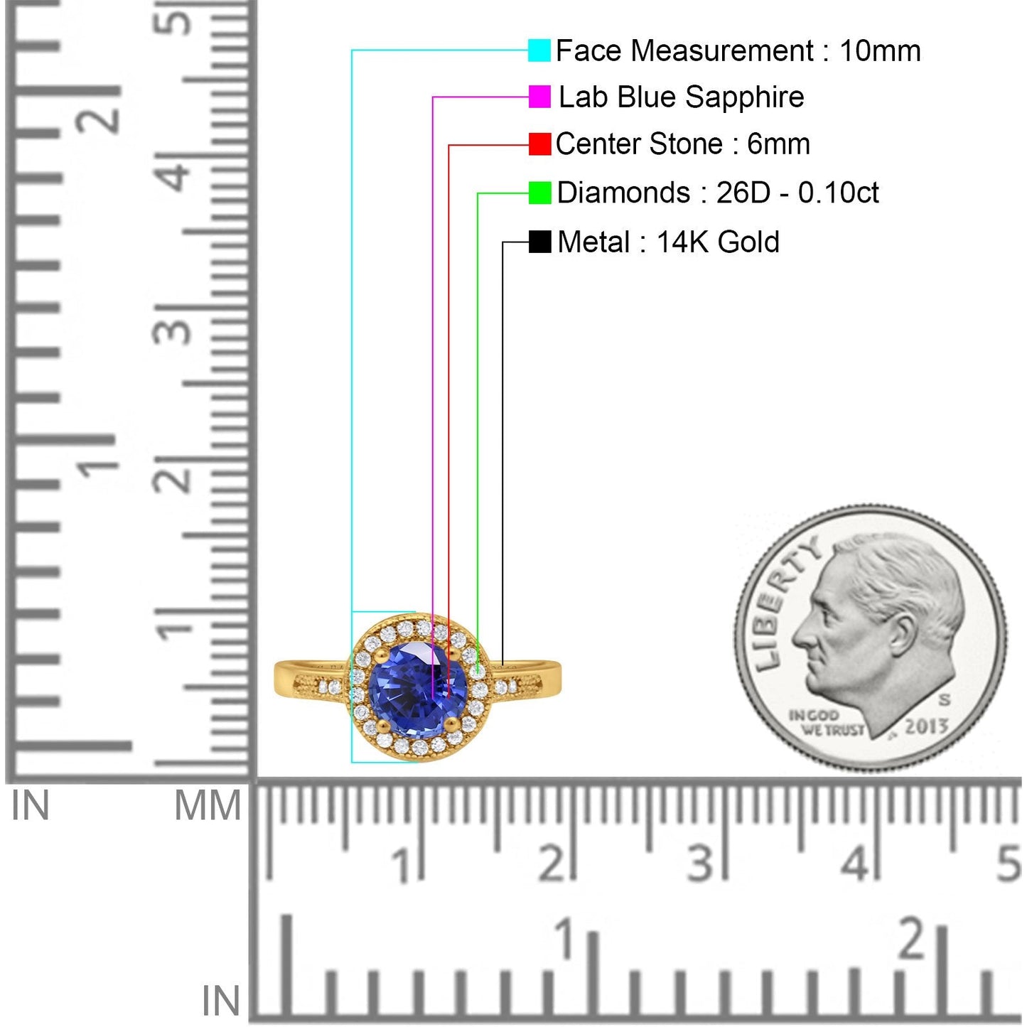 14K Yellow Gold 0.94ct Round Art Deco 6mm G SI Nano Blue Sapphire Diamond Engagement Wedding Ring Size 6.5