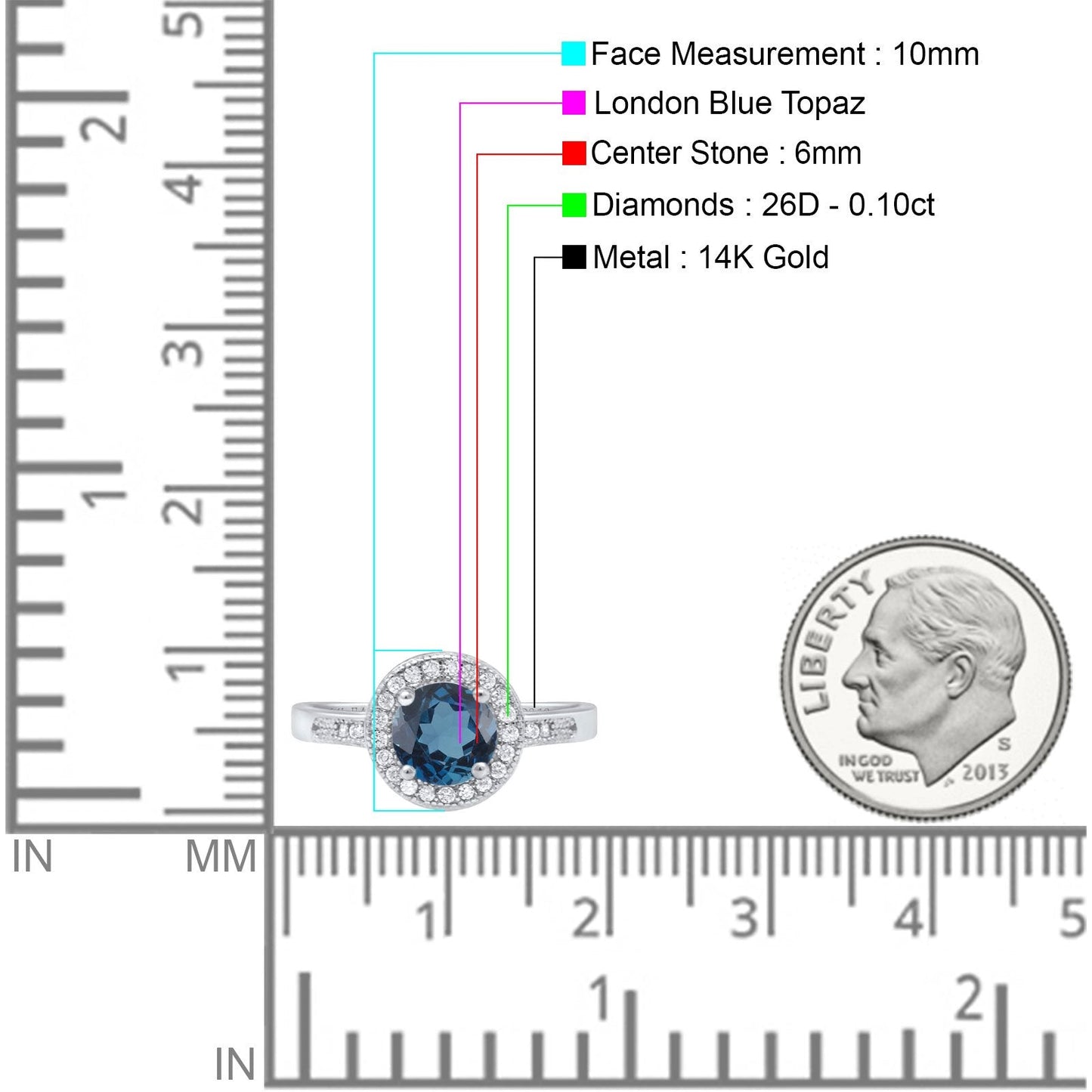 14K White Gold 0.94ct Round Art Deco 6mm G SI London Blue Topaz Diamond Engagement Wedding Ring Size 6.5