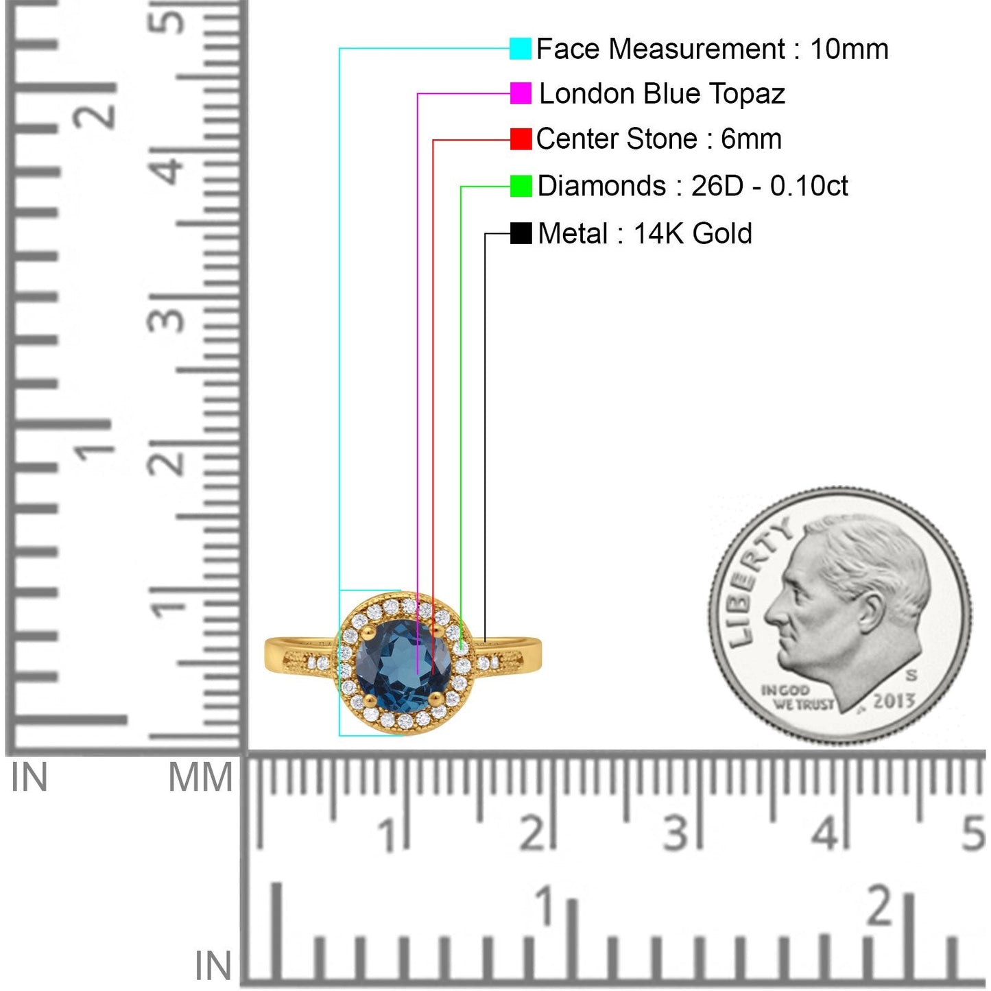 14K Yellow Gold 0.94ct Round Art Deco 6mm G SI London Blue Topaz Diamond Engagement Wedding Ring Size 6.5