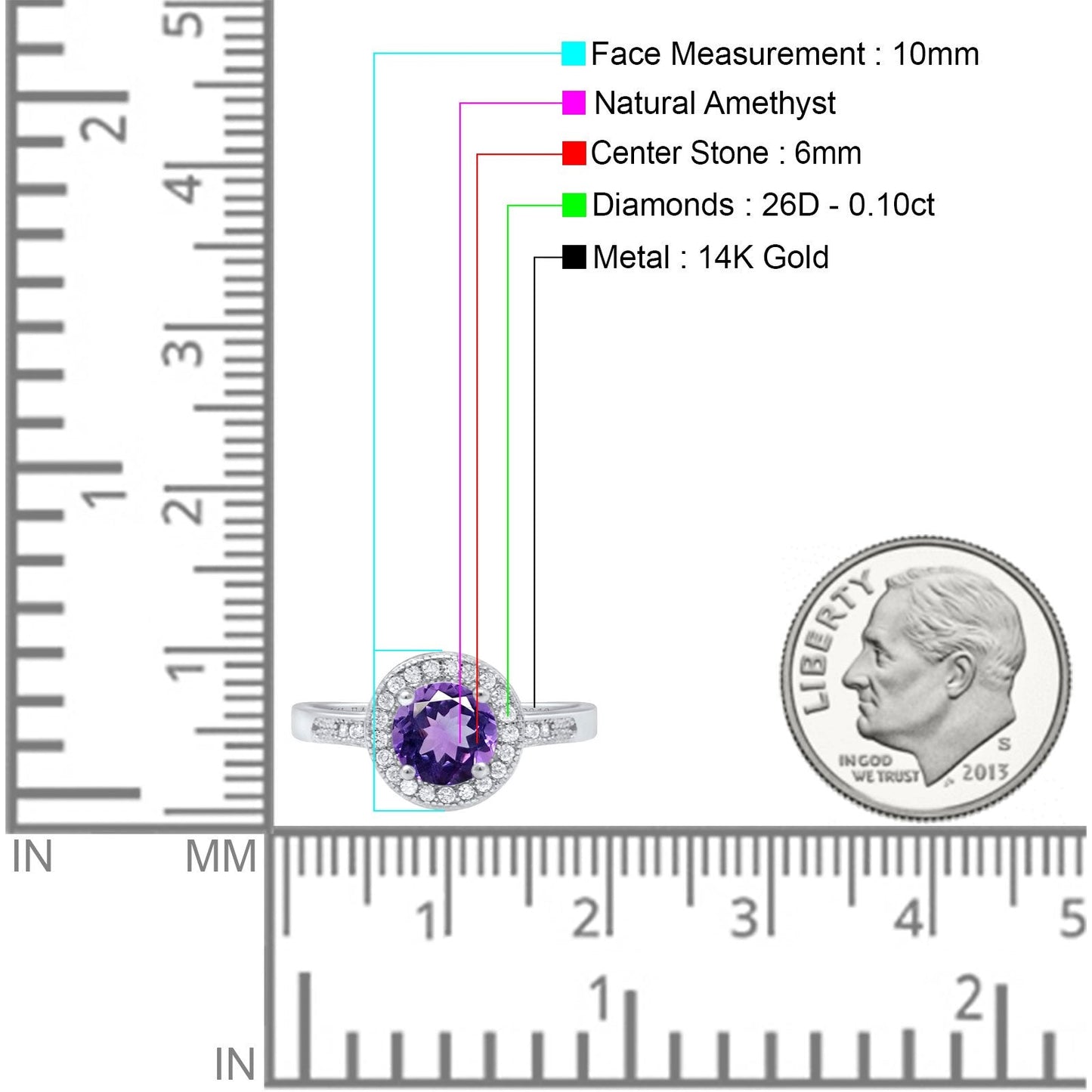 Bague de fiançailles en or blanc 14 carats 0,94 ct Art déco ronde 6 mm G SI avec améthyste naturelle et diamant, taille 6,5