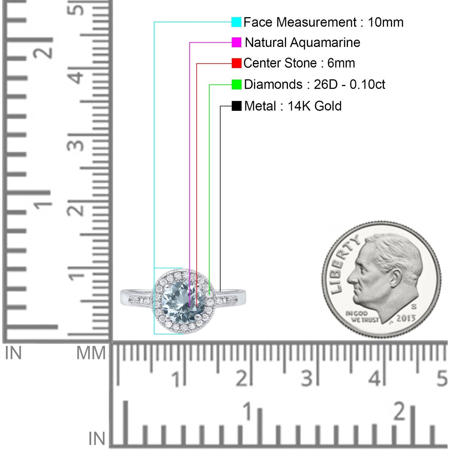 14K White Gold 0.94ct Round Art Deco 6mm G SI Natural Aquamarine Diamond Engagement Wedding Ring Size 6.5