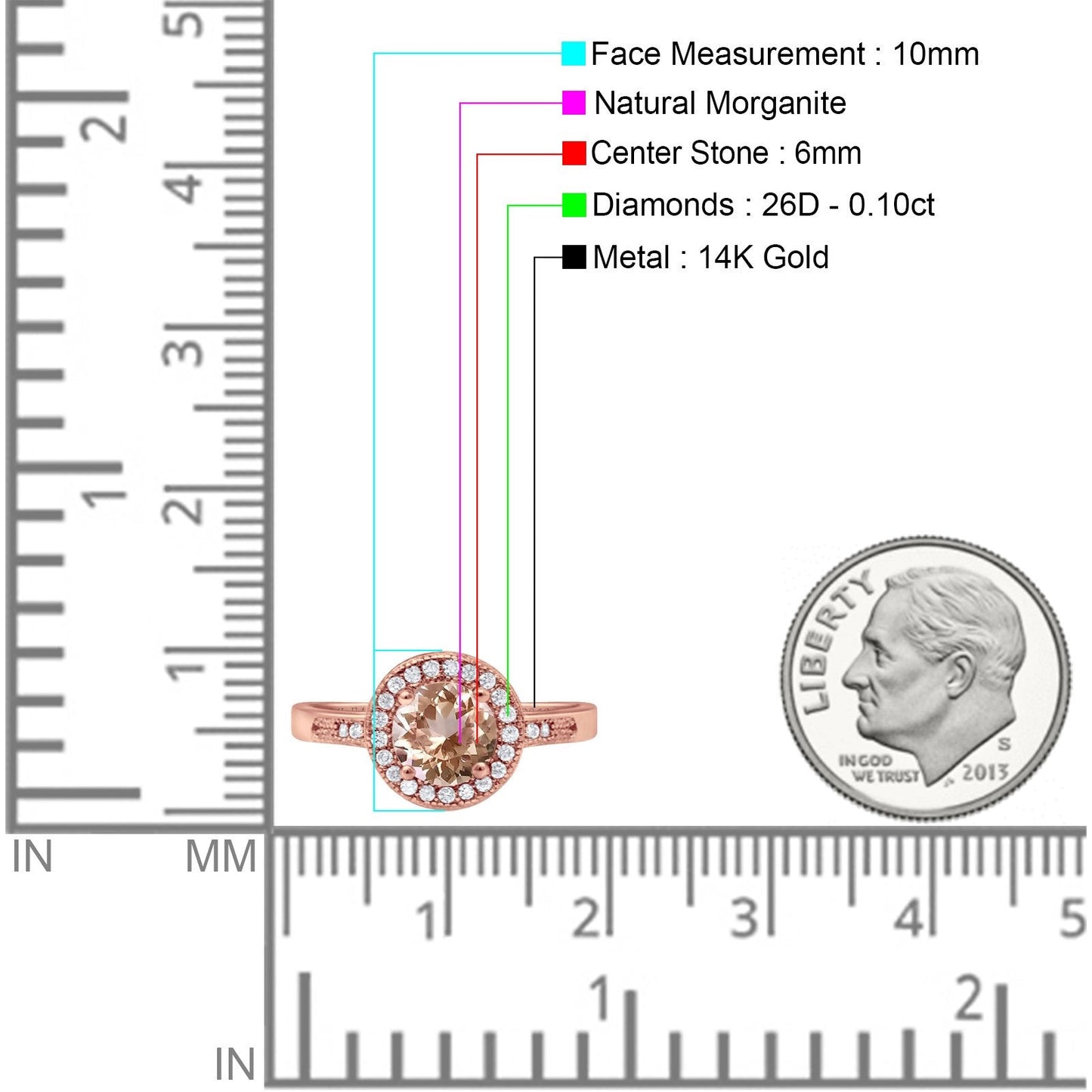 14K Rose Gold 0.94ct Round Art Deco 6mm G SI Natural Morganite Diamond Engagement Wedding Ring Size 6.5